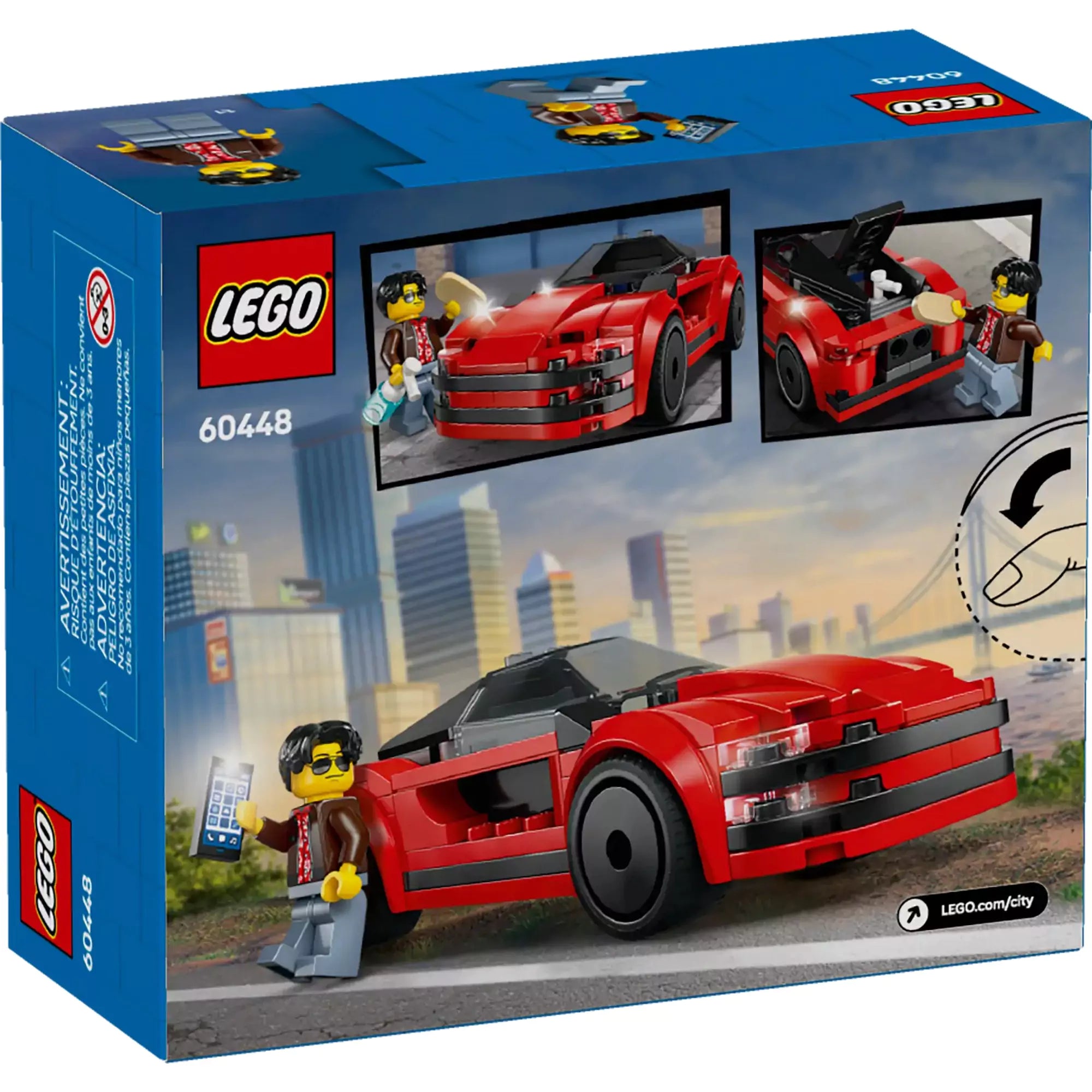 LEGO CITY Piros sportautó (60448) dobozának hátulja, részletekkel a sportautóról és a minifiguráról tisztítószerekkel és egy mobiltelefonnal.