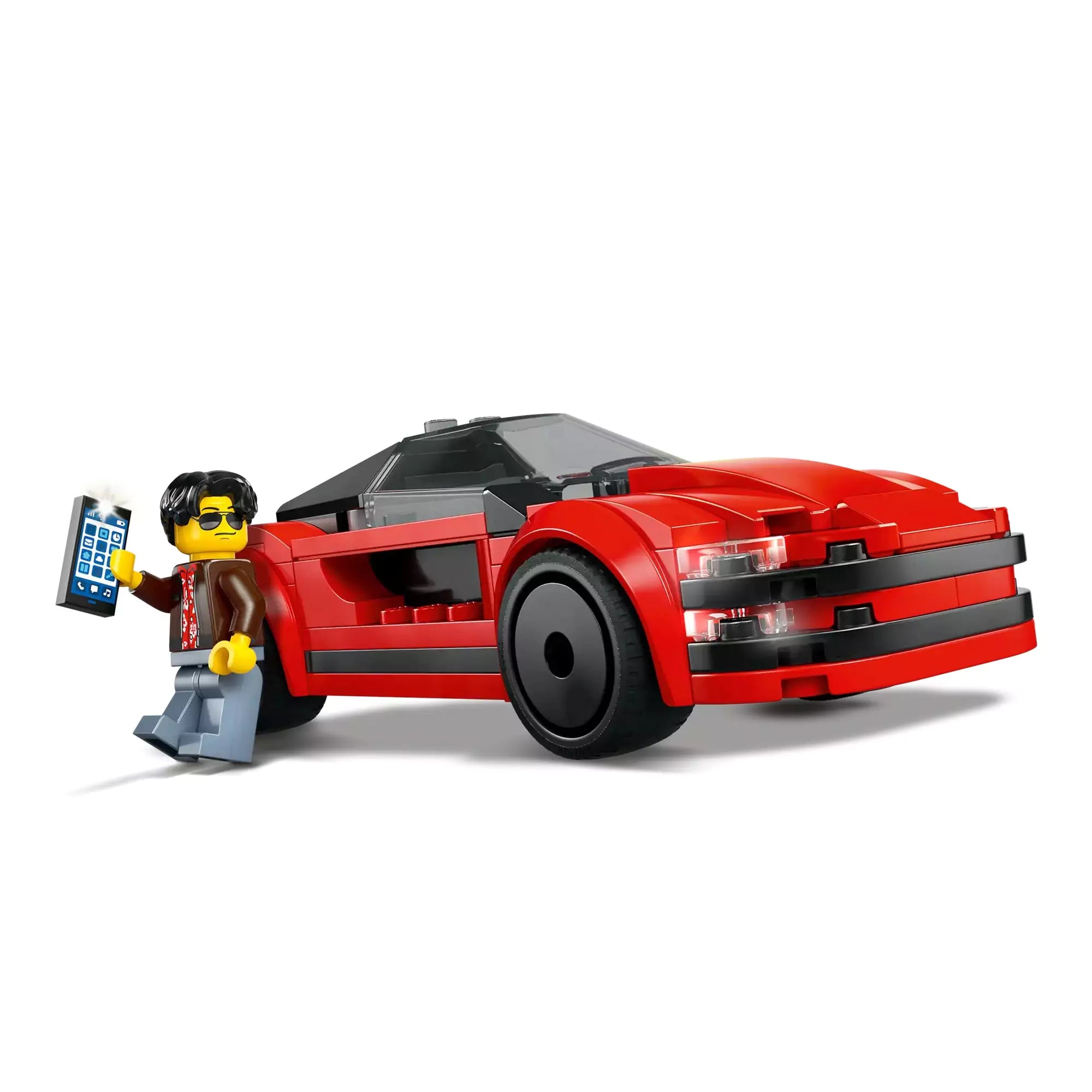 A LEGO CITY Piros sportautó (60448) minifigurával, tisztítószerekkel és egy mobiltelefonnal kiegészítve, egy valósághű játékélményért