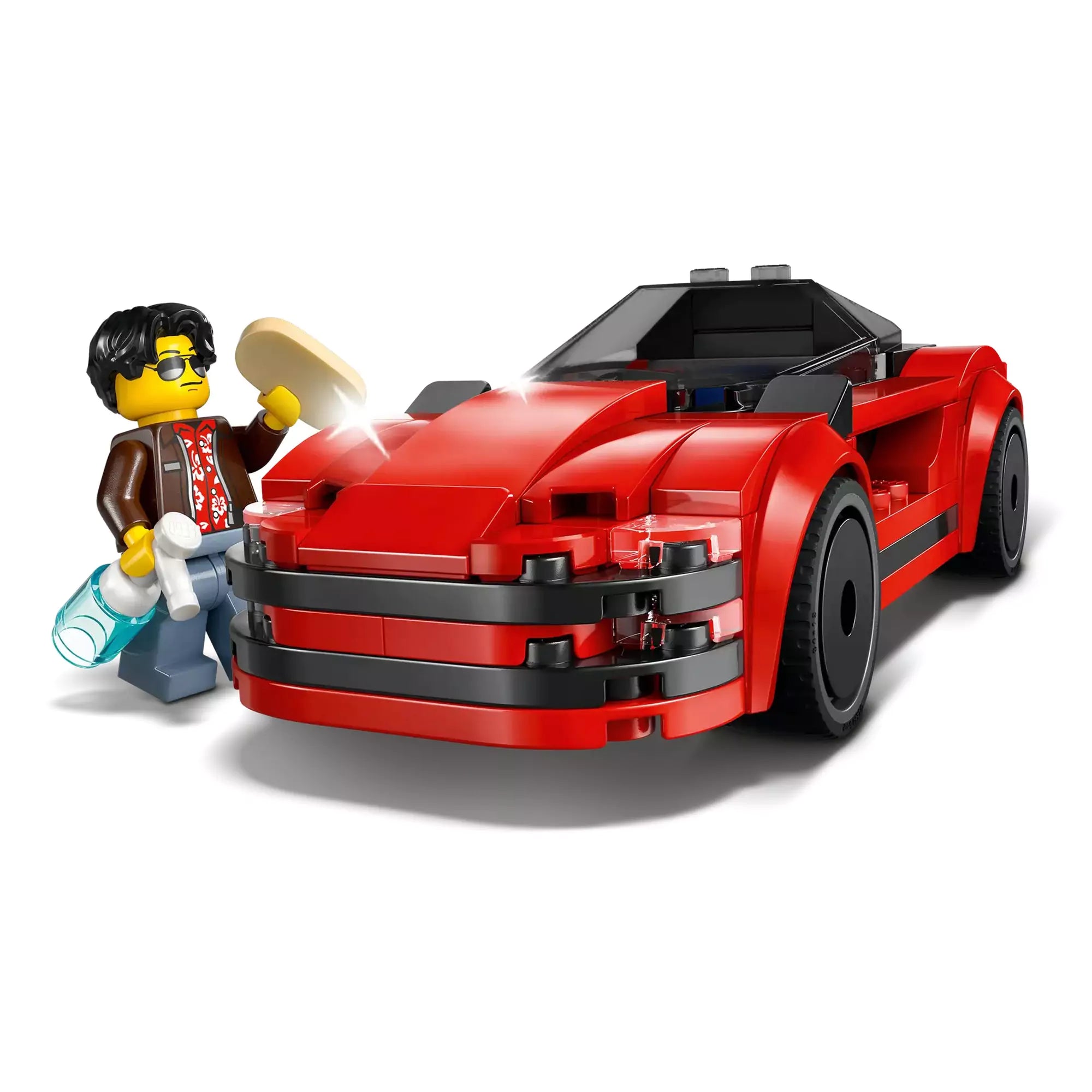 A LEGO CITY Piros sportautó (60448) minifigurával, tisztítószerekkel és egy mobiltelefonnal kiegészítve, egy valósághű játékélményért