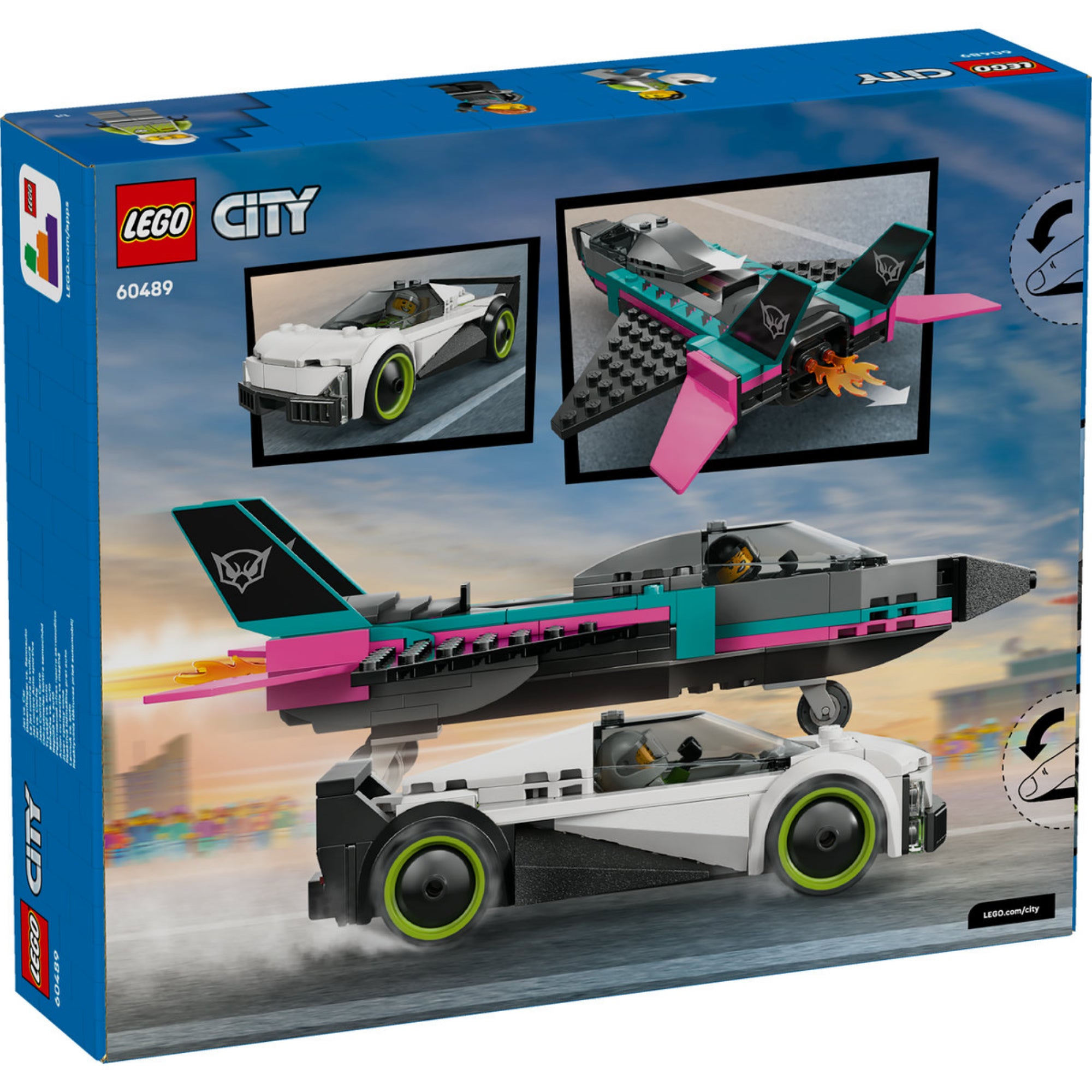 LEGO City Jet vs. Car készlet dobozának hátoldala, járműfunkciók és akciójelenetek.