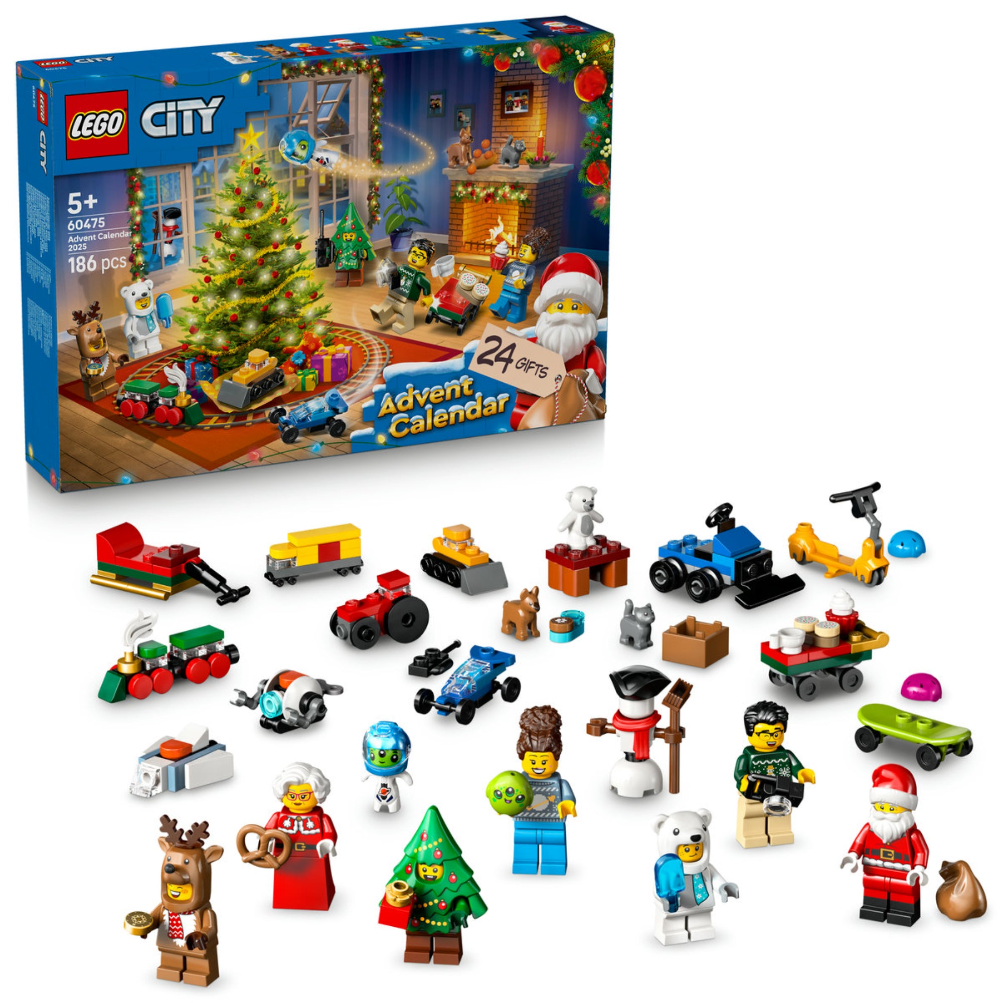 LEGO City 60475 Adventi naptár 2025 doboz és a 24 ajándék: minifigurák, karácsonyfa, járművek és ünnepi kiegészítők.
