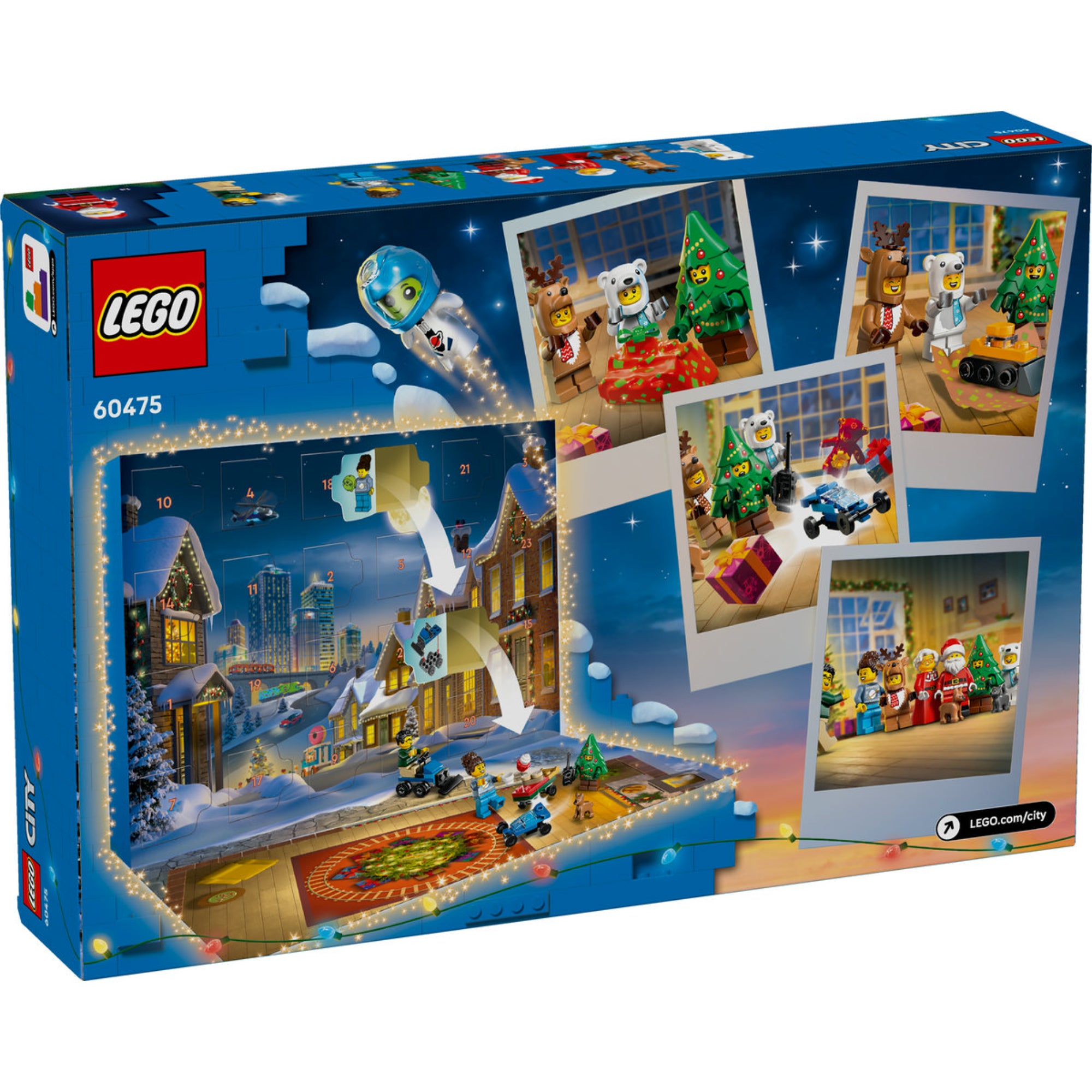 LEGO City 60475 Adventi naptár hátlapja, téli falujelenettel, nyitható ablakokkal és a minifigurák ünnepi kalandjaival.