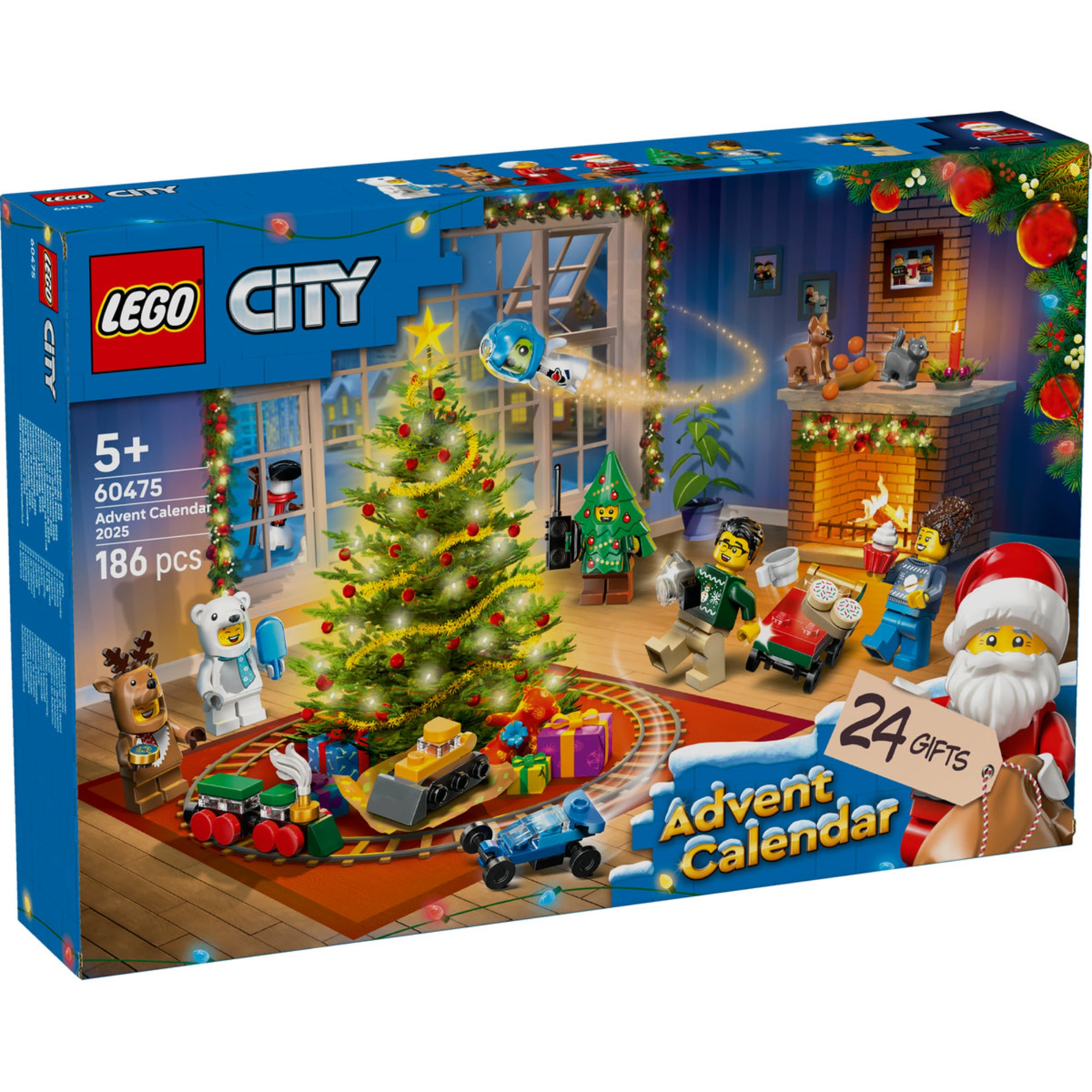 LEGO City 60475 Adventi naptár dobozkép, karácsonyi nappali jelenettel, feldíszített fával, ajándékokkal és vidám figurákkal.