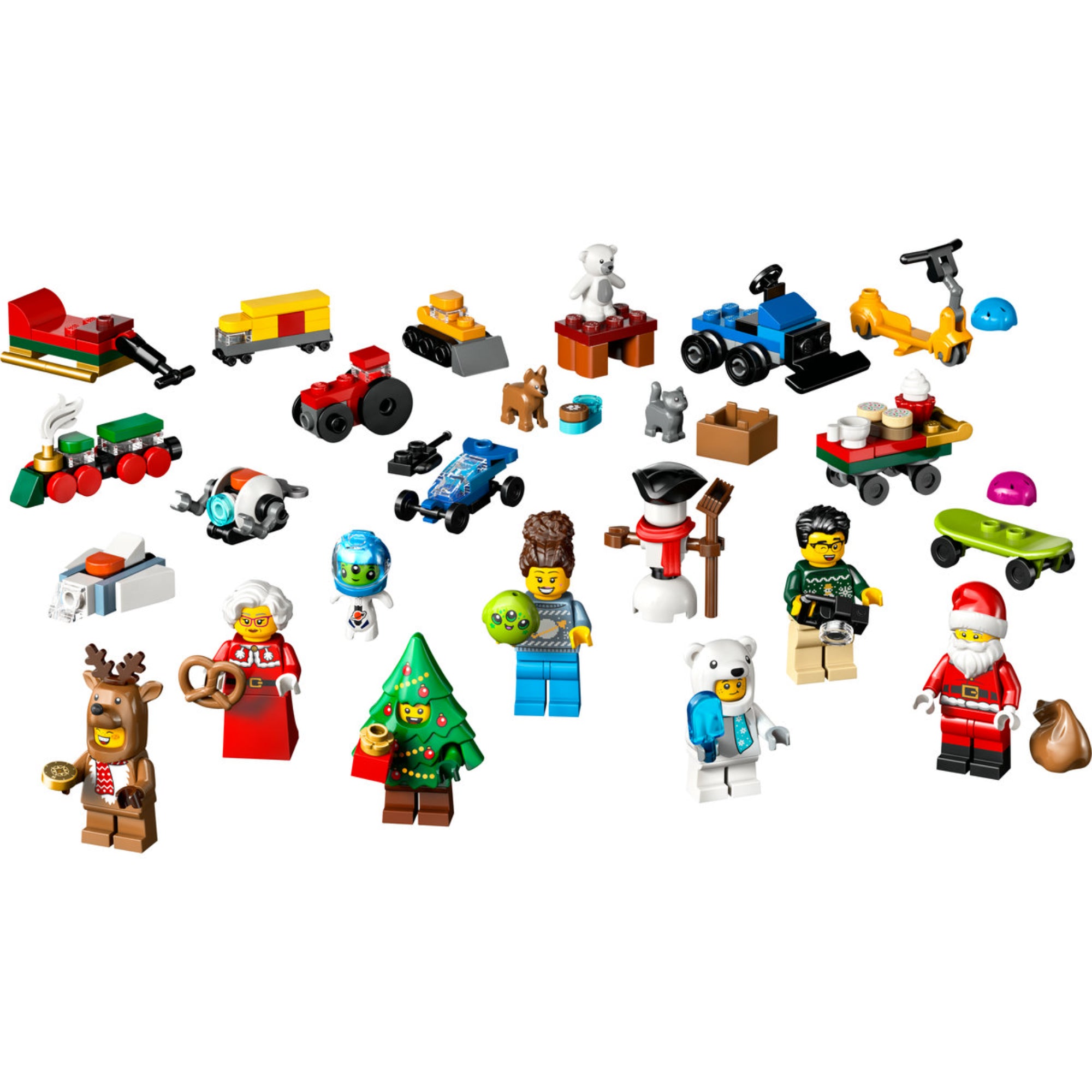 LEGO City 60475 készlet tartalma: Mikulás, hóember, karácsonyi jelmezbe öltözött minifigurák, játékok, állatok és minijárművek.