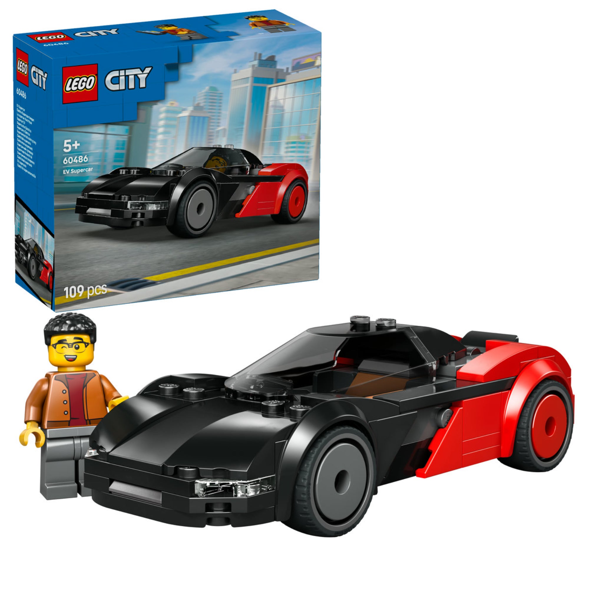 LEGO City EV Supercar (60486) – a megépített fekete–piros elektromos sportautó minifigurával és a készlet dobozával.