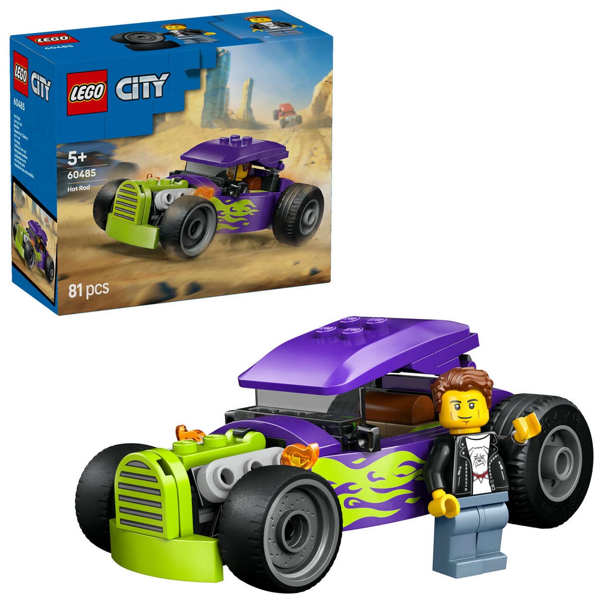 LEGO City Hot Rod 60485 – megépített hot rod autó minifigurával és dobozképpel.
