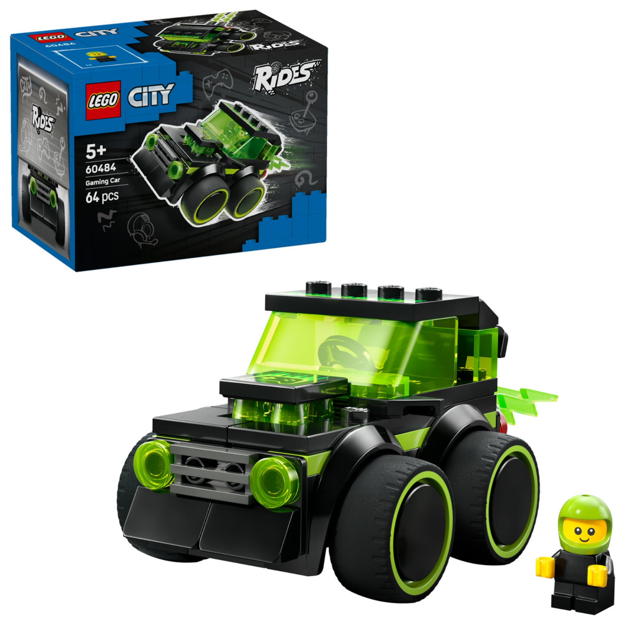 LEGO City Gaming Car (60484) – a megépített gamer autó és a minifigura, átlátszó zöld elemekkel.