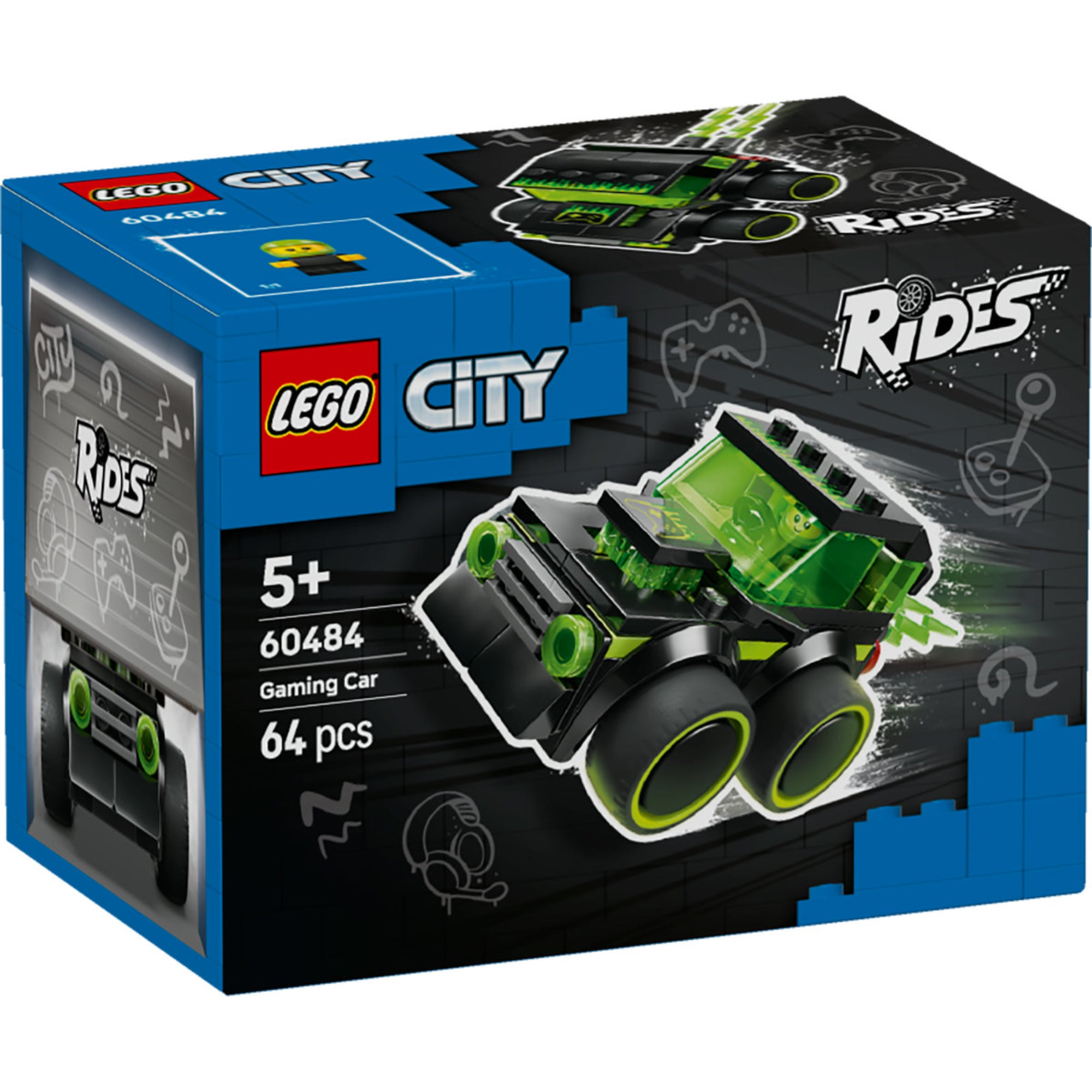 LEGO City Gaming Car (60484) – a készlet dobozának elölnézete, zöld-fekete gamer stílusú autóval.
