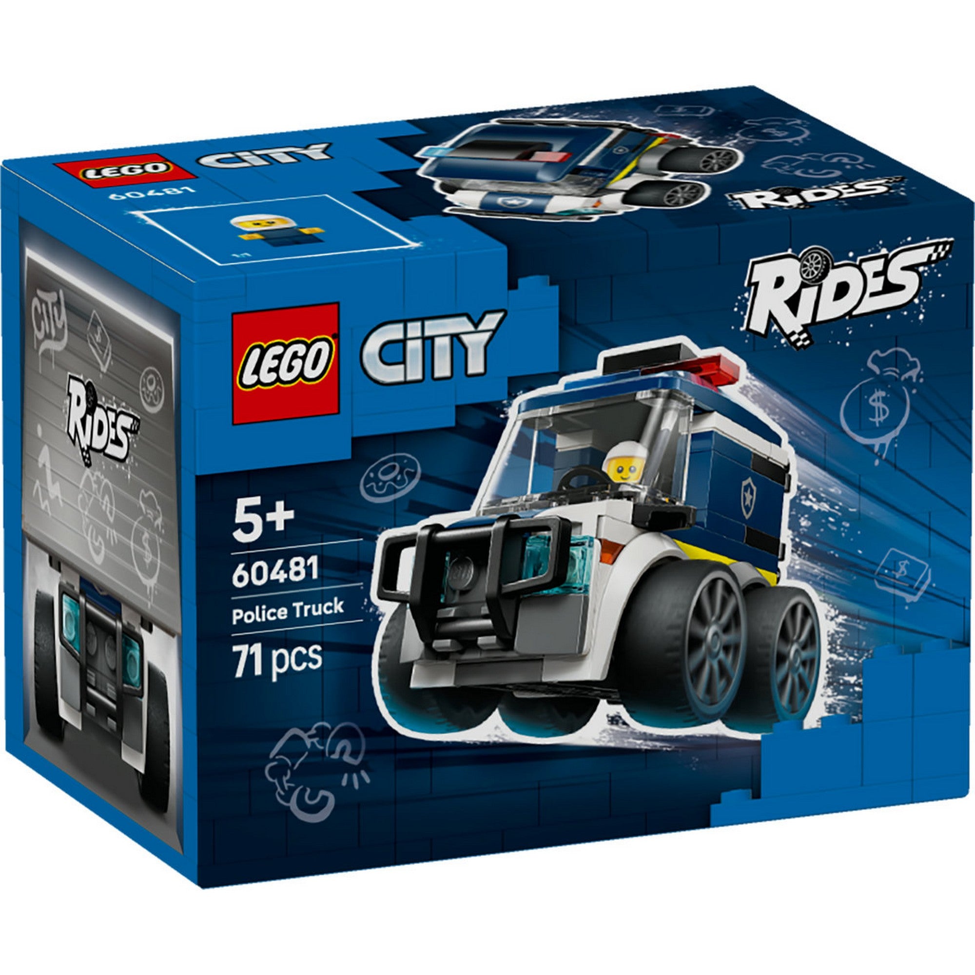 LEGO City Rendőrségi teherautó 60481 – elölnézeti dobozkép, kék-fehér rendőrautó a LEGO City Rides sorozatból.