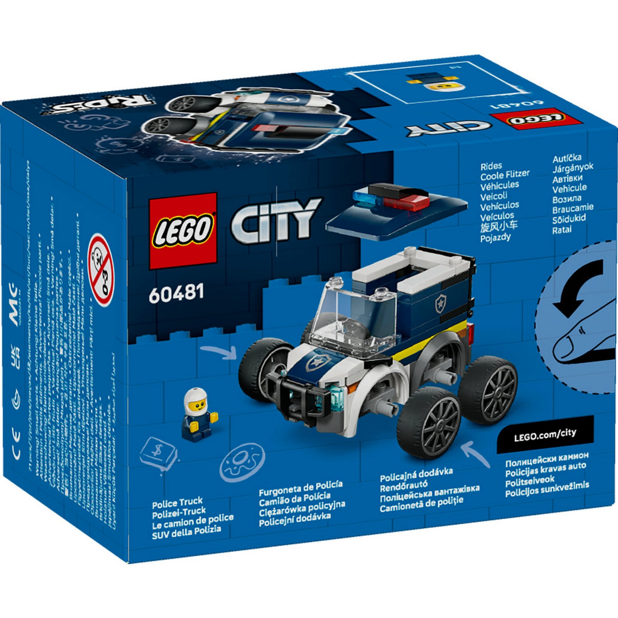 LEGO City Rendőrségi teherautó 60481 – doboz hátoldala, a rendőrségi jármű funkcióinak bemutatása.