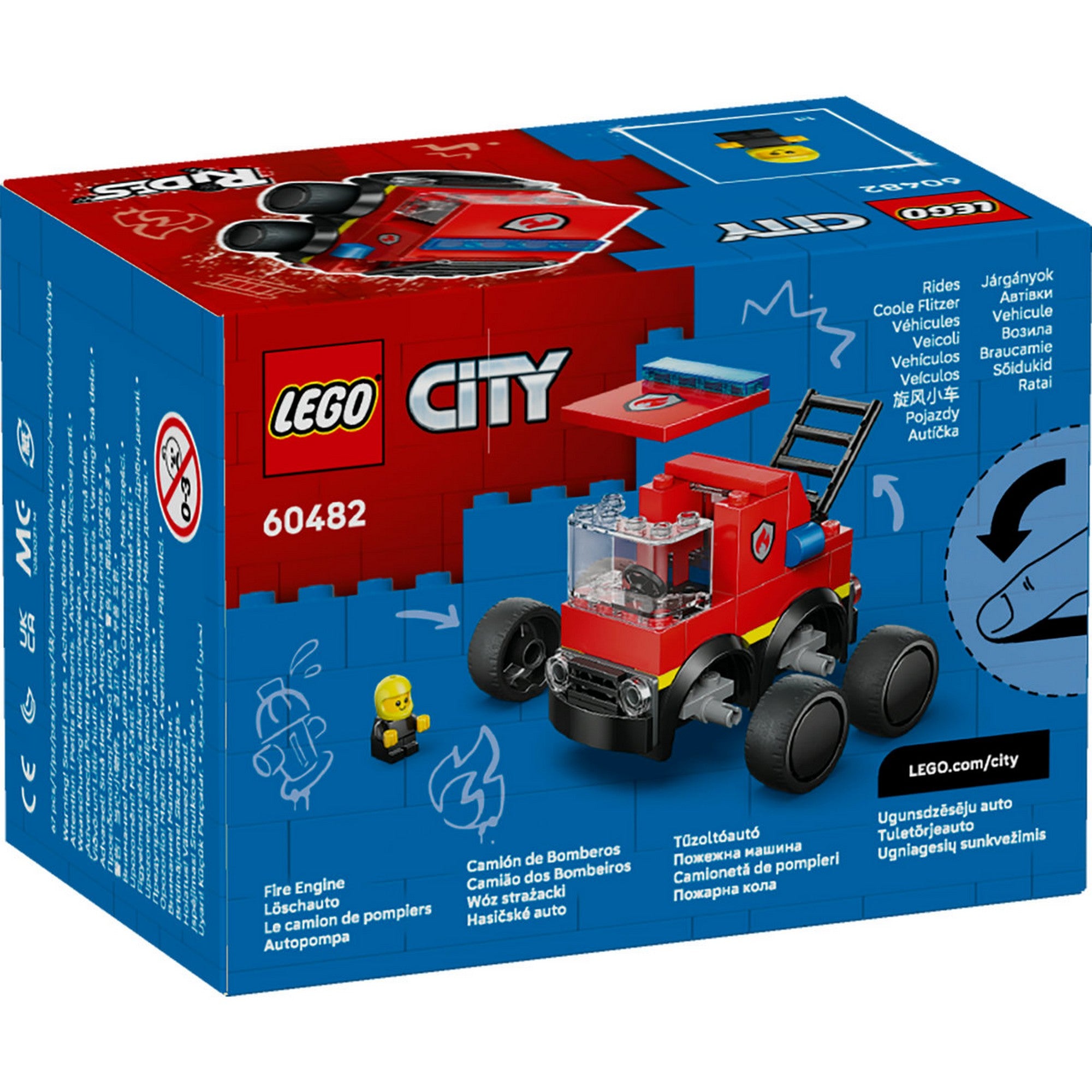 LEGO City Tűzoltóautó 60482 – doboz hátoldala, megépített tűzoltóautó és játékfunkciók bemutatása.