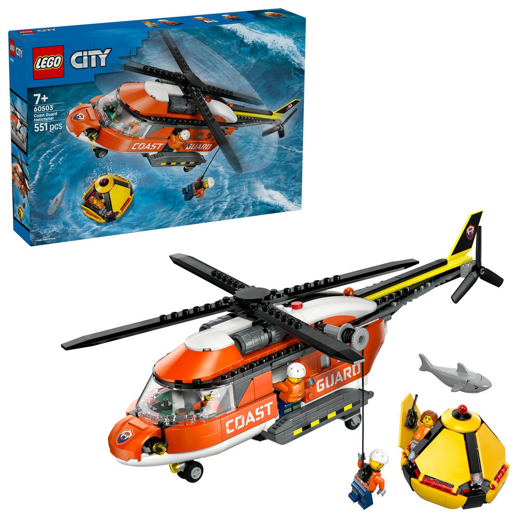 LEGO City Parti őrség mentőhelikopter 60503 doboz előlapja, repülő mentőhelikopterrel, csörlőn leeresztett mentőfigurával és tengeri mentési akcióval