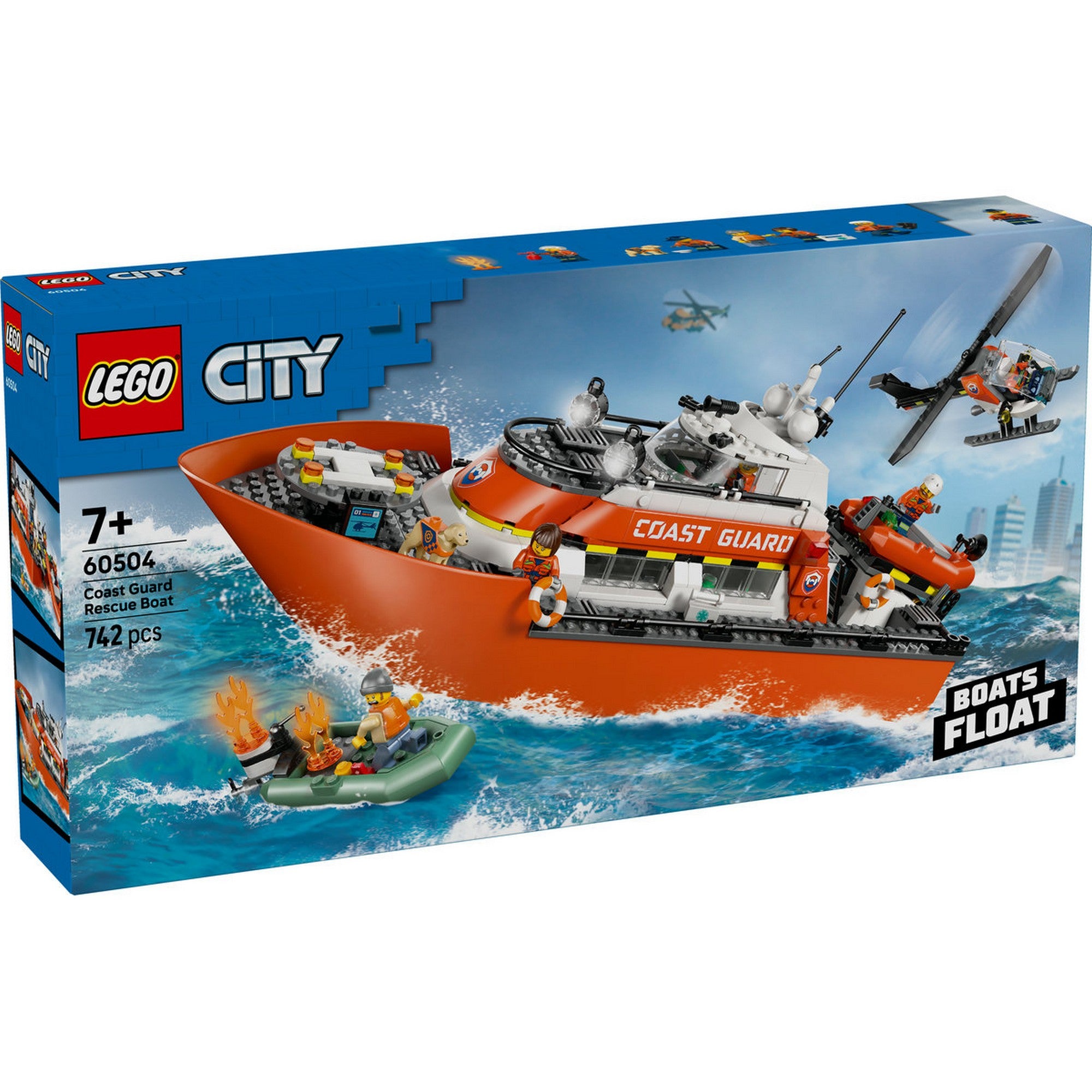 LEGO City Coast Guard Rescue Boat (60504) doboz eleje, amelyen a 742 darabos mentőhajó készlet látható tengeri mentési akcióban, helikopterrel és vízbe esett minifigurával.