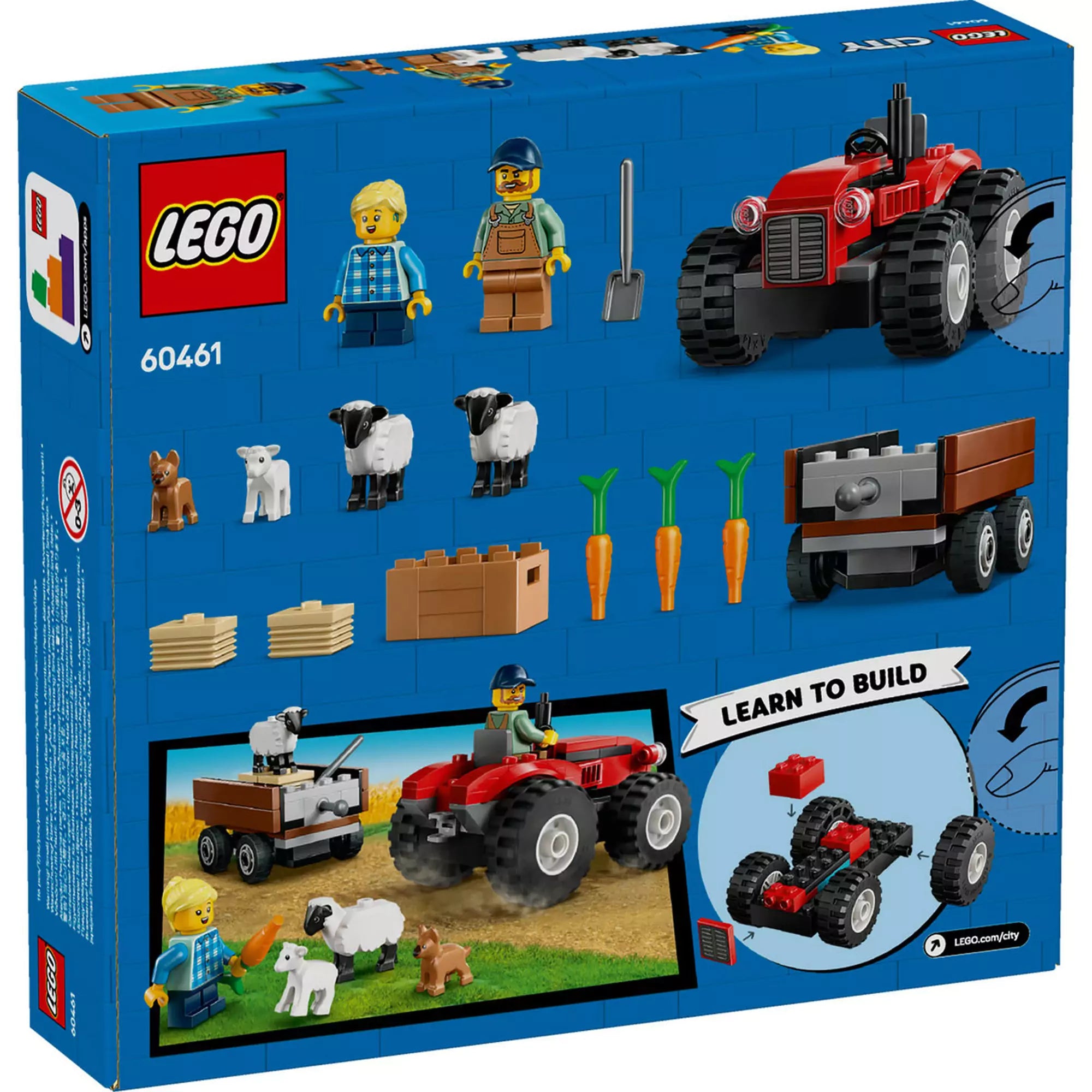 A LEGO City Piros traktor, utánfutó és juhok (60461) készlet hátoldalán a tartalom és építési lehetőségek láthatók.