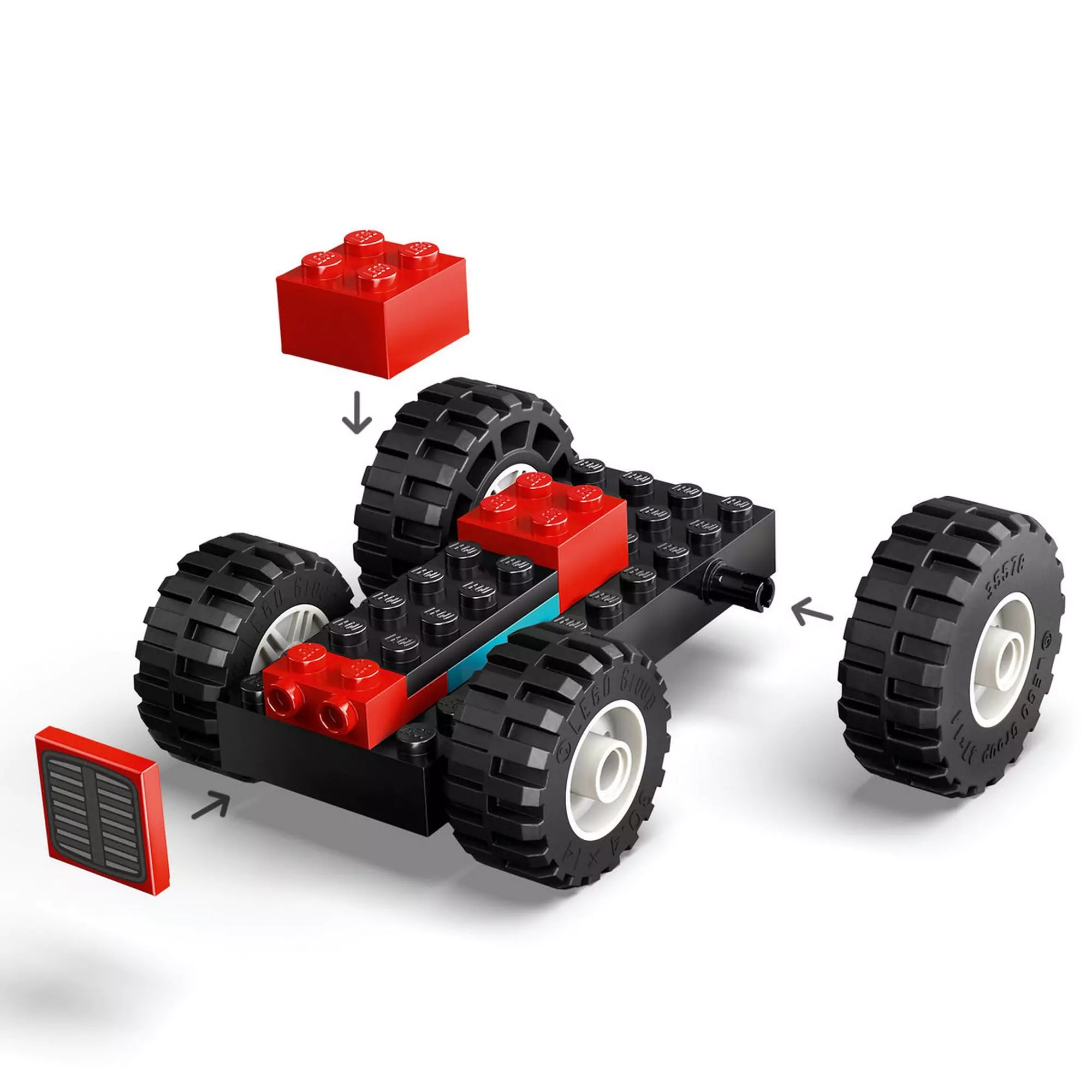 A LEGO City Piros traktor, utánfutó és juhok (60461) traktorának egyszerűen összeállítható alapja a LEGO kezdőkockával.