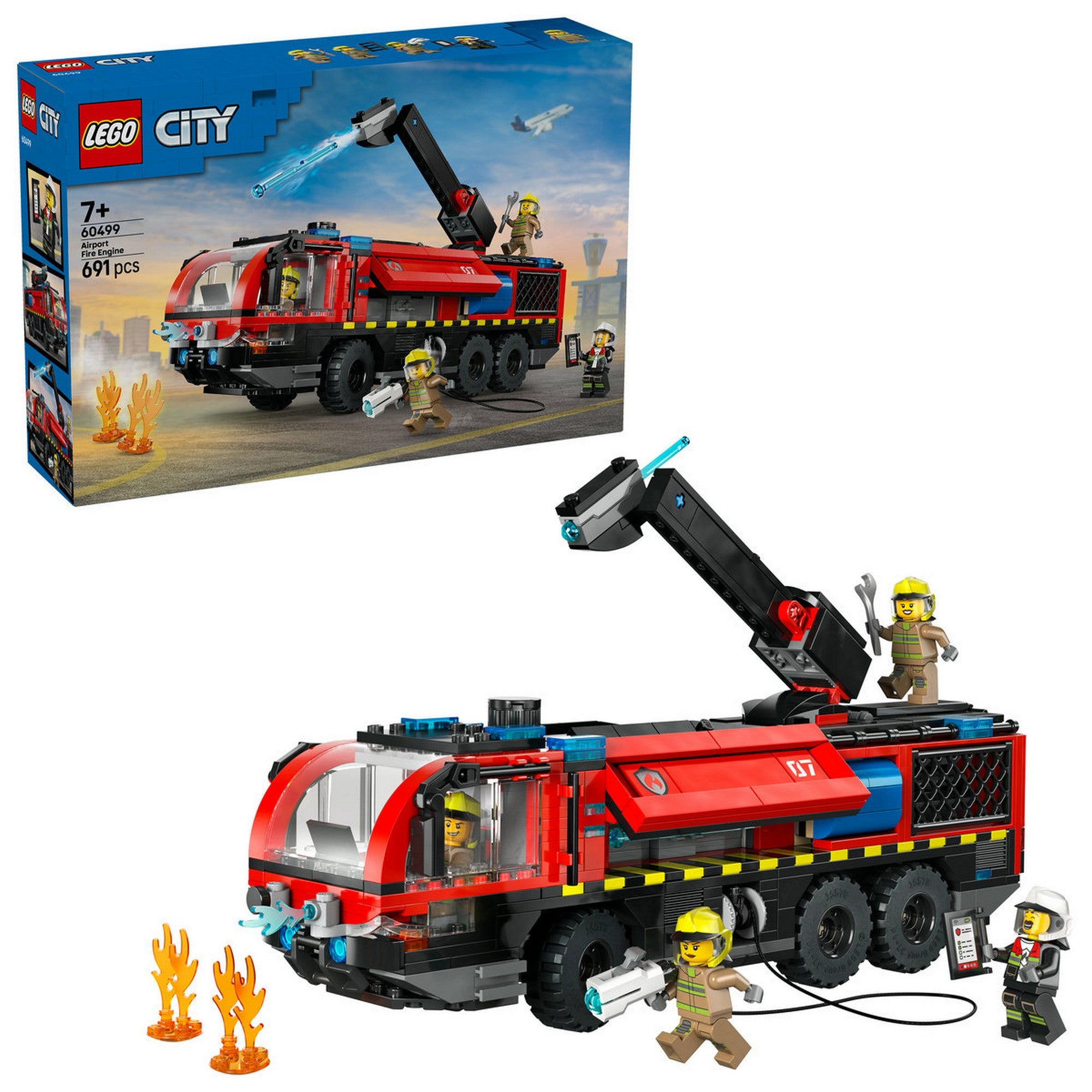 LEGO City Repülőtéri tűzoltóautó 60499 – dobozkép és megépített tűzoltó jármű minifigurákkal és láng elemekkel.