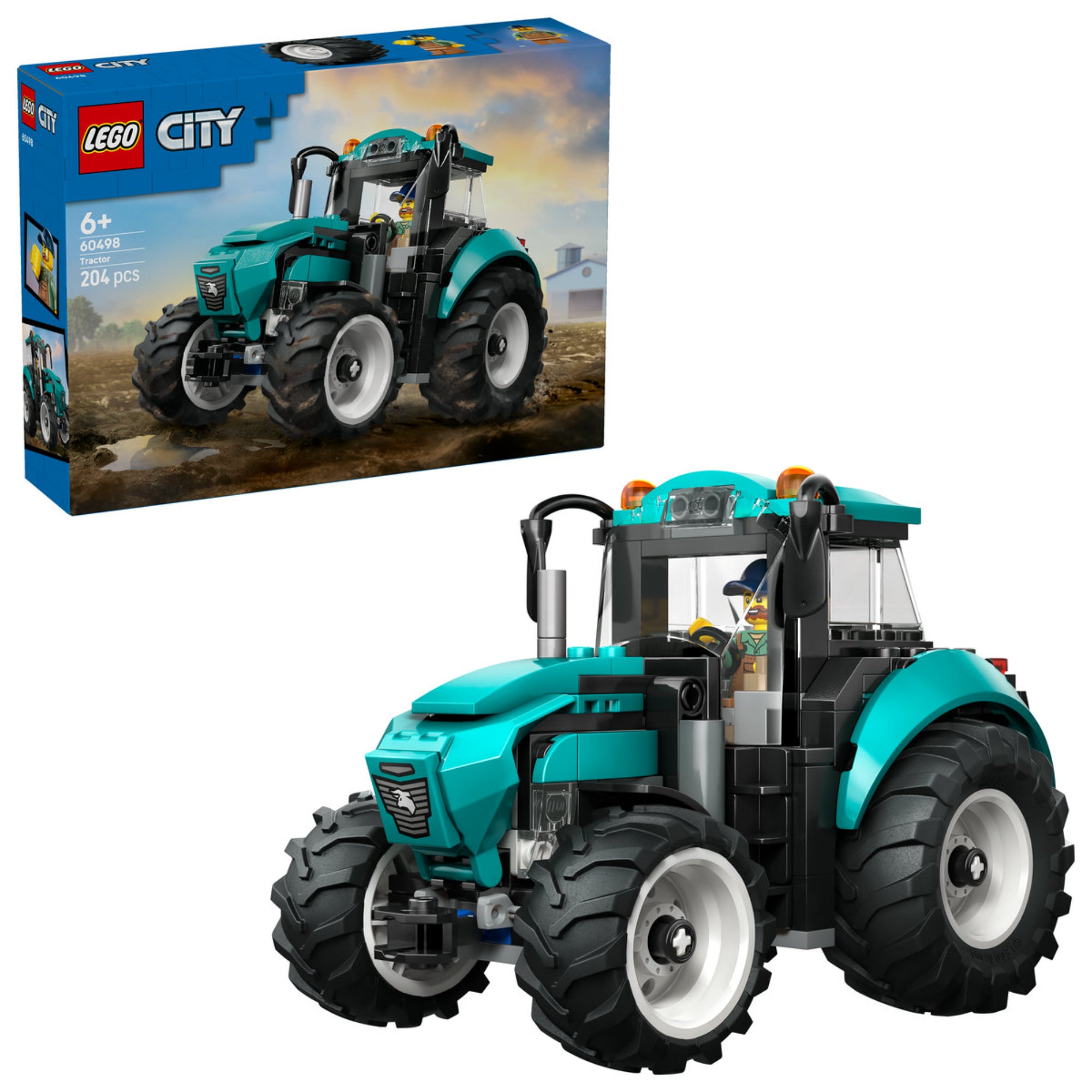 LEGO City Tractor (60498) – a megépített zöld traktor nagy terepgumikkal és vezető minifigurával.