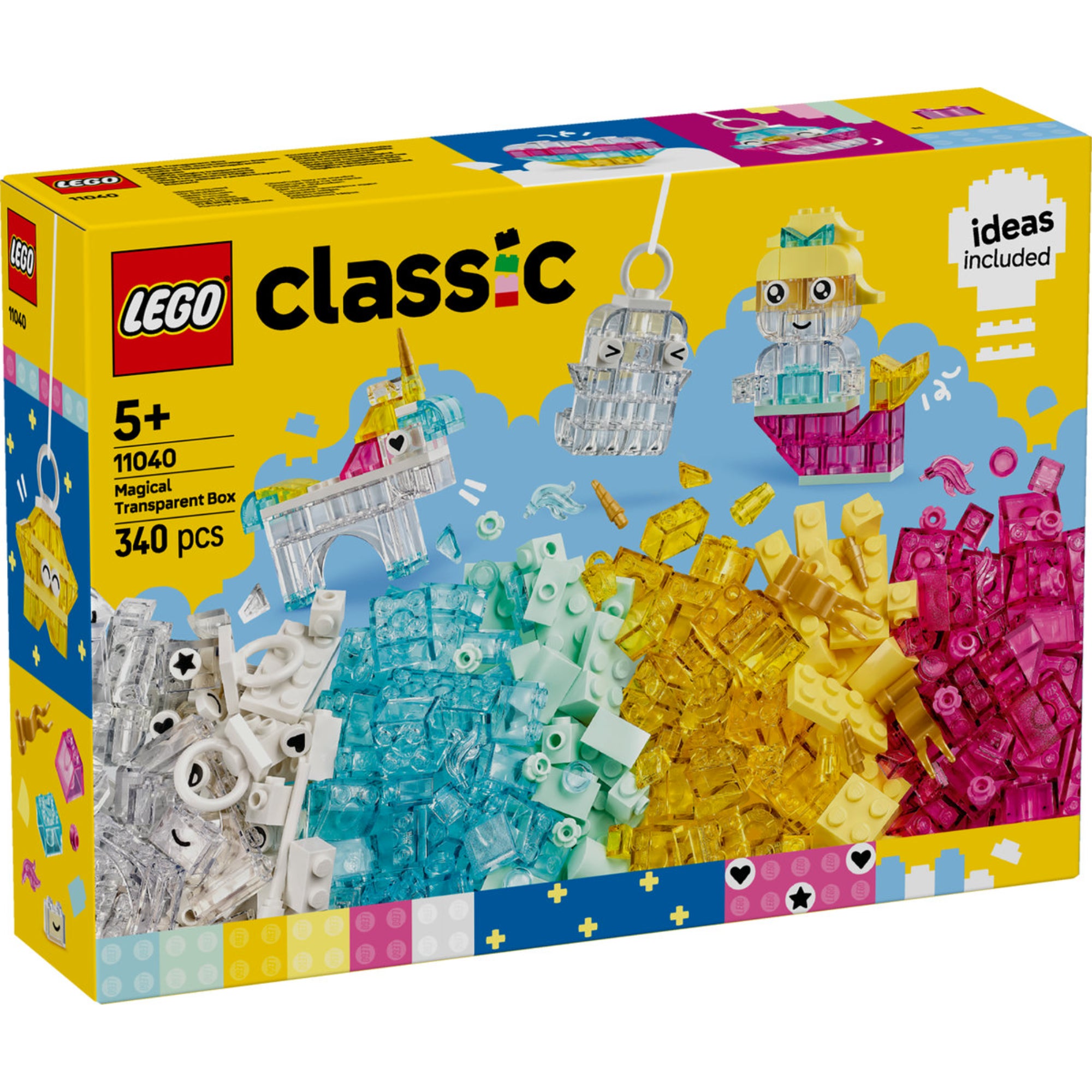 Ez a kép a LEGO Classic Átlátszó bűvös kockák (11040) készlet dobozát mutatja. A doboz színes és vidám dizájnnal rendelkezik, amely kiemeli a készletben található 340 darab átlátszó és színes építőkockát. A borítón néhány kreatív építmény is látható, például egy unikornis kastély, egy aranyos kulcstartó és egy vidám hajós figura, amelyek inspirációként szolgálnak az építéshez. Az ajánlott életkor 5 éves kortól, és a szett remek lehetőséget biztosít a kreativitás kibontakoztatására.