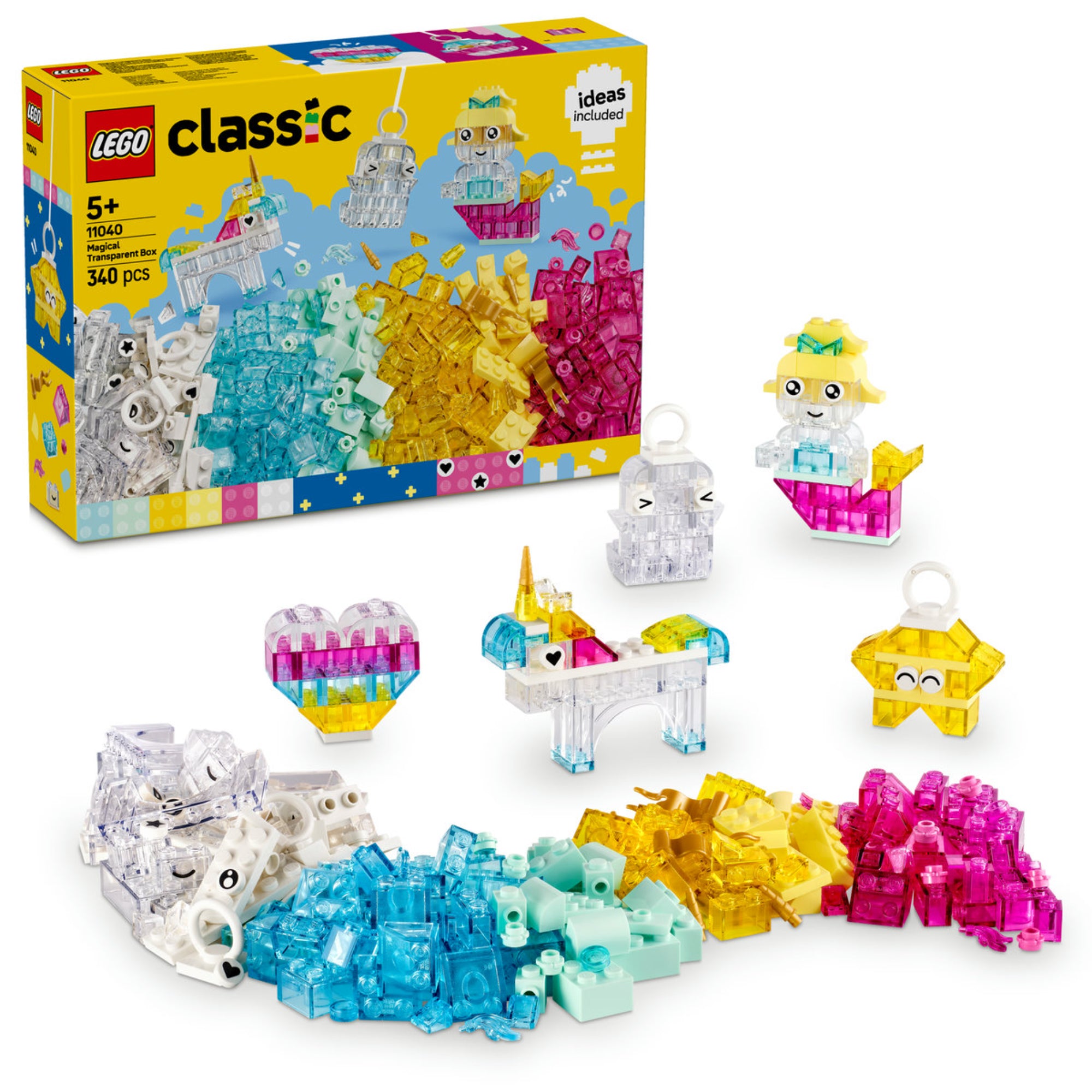 Ez a kép a LEGO Classic Átlátszó bűvös kockák (11040) készletet mutatja be, amely 340 színes, áttetsző építőkockát tartalmaz. A dobozból különféle varázslatos alkotások építhetők, például egy unikornis kastély, csillag, szív, sellő és mókás figurák. A szett tökéletes a kreatív játékhoz, és a gyerekek fantáziáját végtelen lehetőségekkel inspirálja!