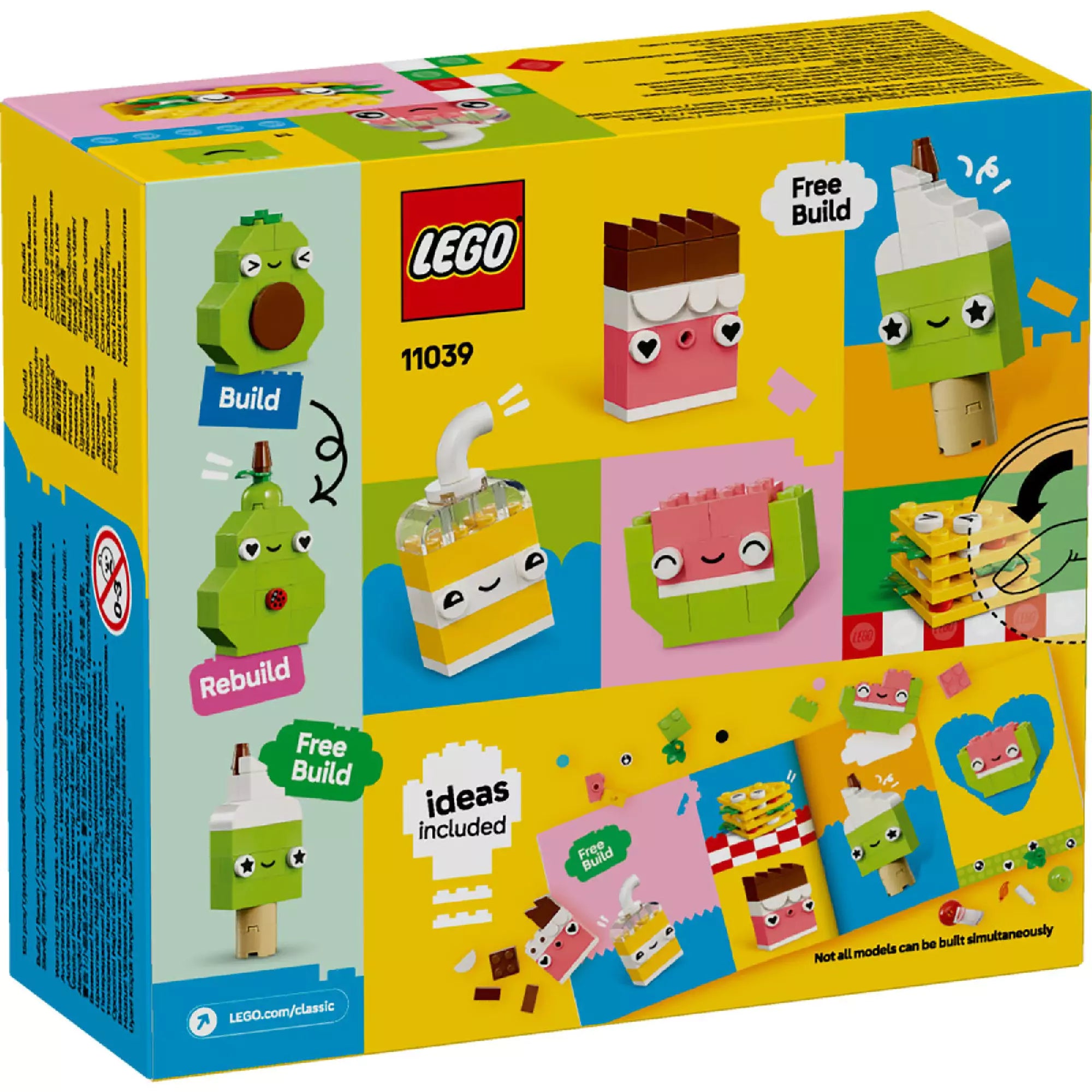LEGO Classic Ételek kreatív építőjáték dobozának hátoldala – különböző mosolygós ételeket bemutató modellek, például avokádó, tea, zöld fagyi, görögdinnye, valamint szabad építési ötletek és színes LEGO elemek.