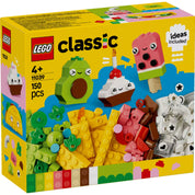 Kép a LEGO Classic Kreatív Ételek (11039) készletről, amely színes építőkockákat és vidám modelleket, például muffint, jégkrémet, avokádót és tacót tartalmaz.
