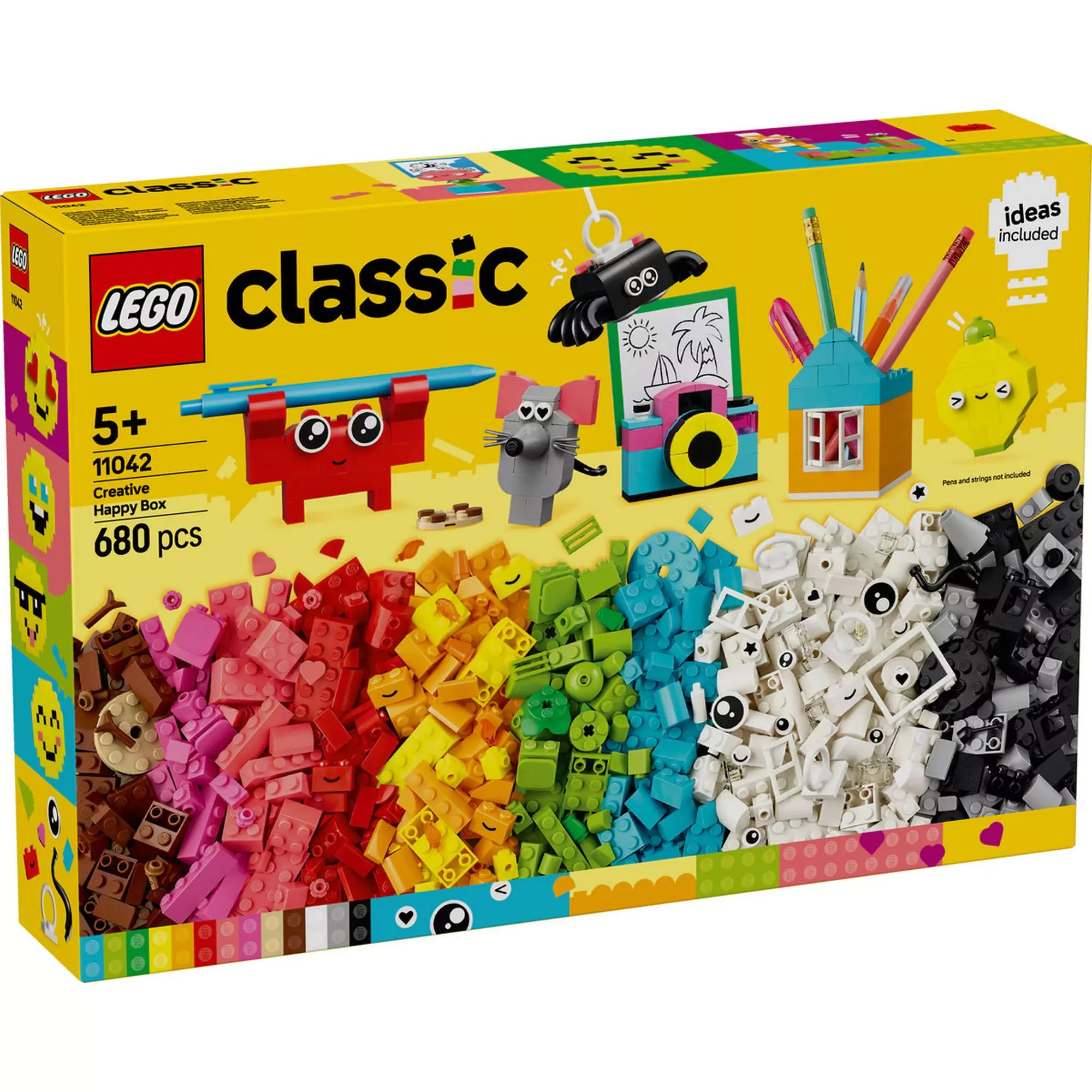  LEGO Classic Kreatív vidámságdoboz (11042) dobozképe, amely bemutatja a készlet tartalmát, például színes LEGO elemeket és különböző kreatív építményeket.