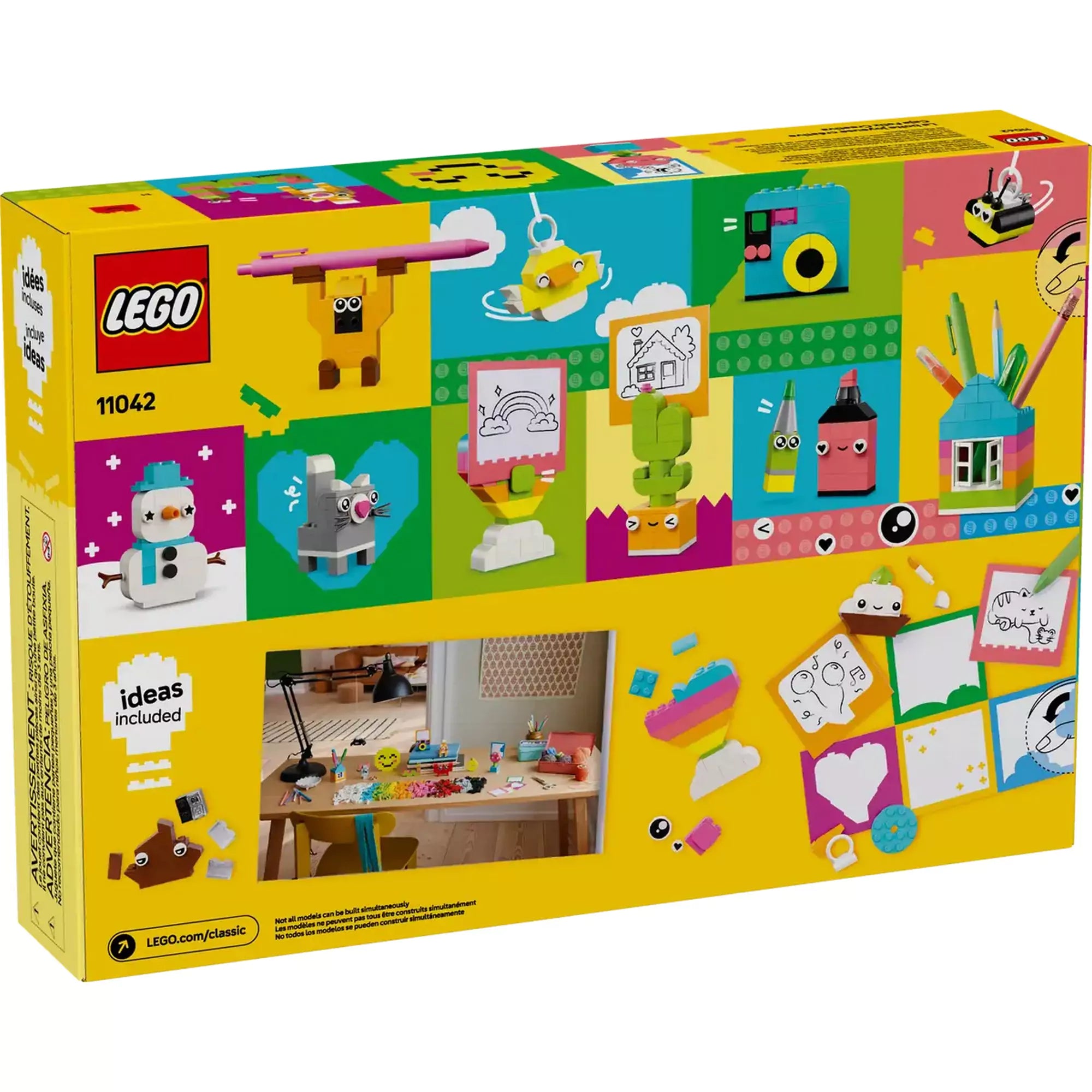 A LEGO Classic Kreatív vidámságdoboz (11042) csomagjának hátoldala, amely különféle kreatív építési ötleteket mutat be, például hóembert, kamerát és színes ceruzatartót.
