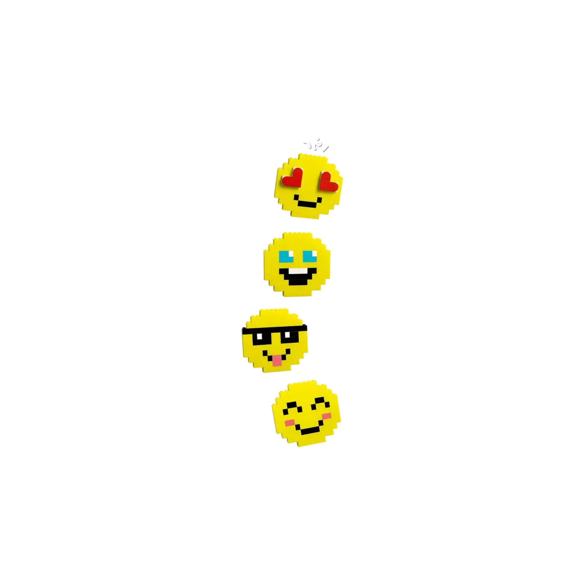 Négy különböző LEGO Classic emojikép, amely a Kreatív vidámságdoboz (11042) elemeiből készült, kifejező arckifejezésekkel.