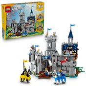 LEGO Creator 3 az 1-ben Középkori lovagvár készlet doboza és a megépített vár figurákkal és lovagokkal.