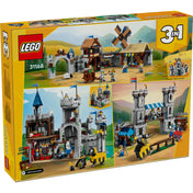 A LEGO Creator középkori lovagvár készlet dobozának hátoldala, több építési változat bemutatásával.