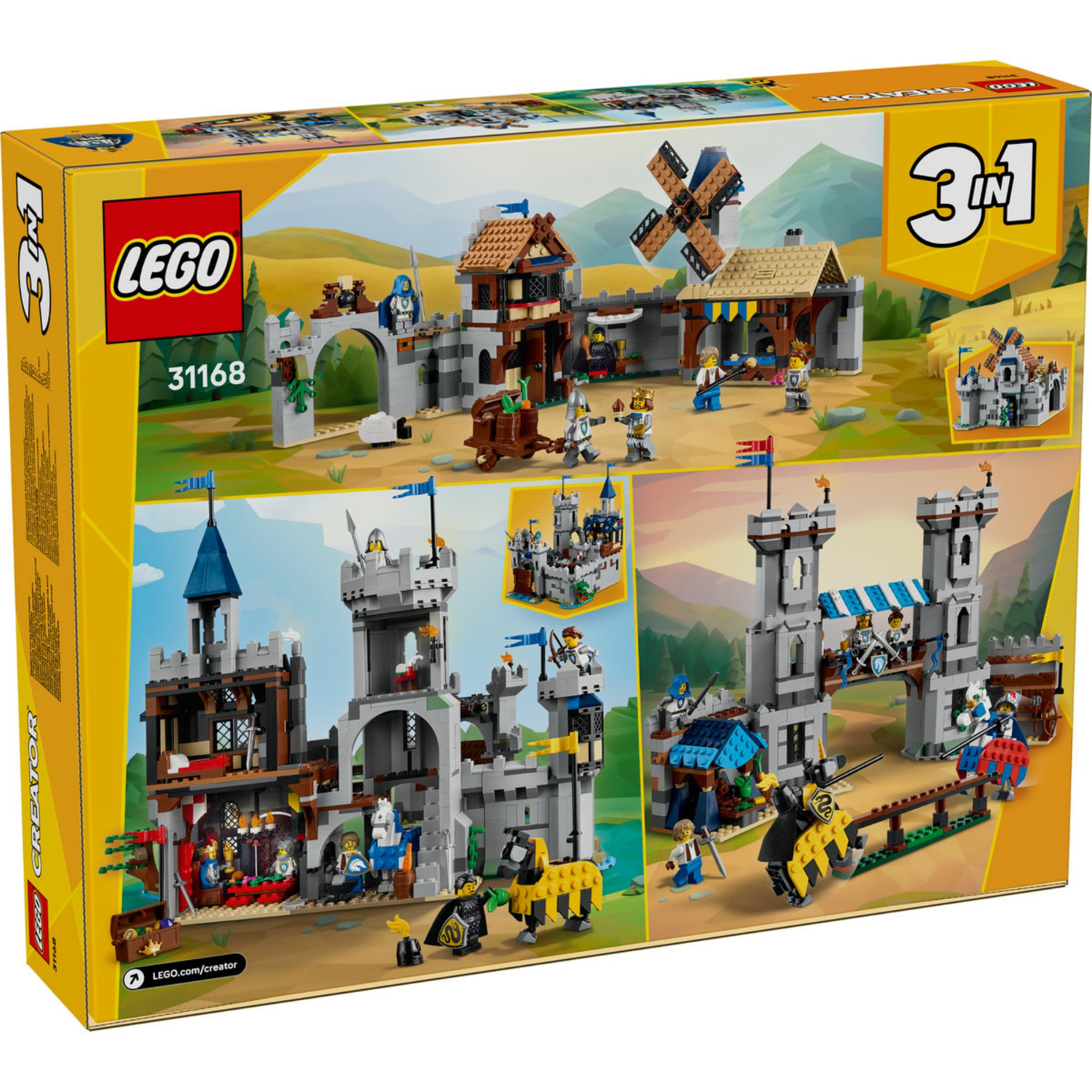 A LEGO Creator középkori lovagvár készlet dobozának hátoldala, több építési változat bemutatásával.