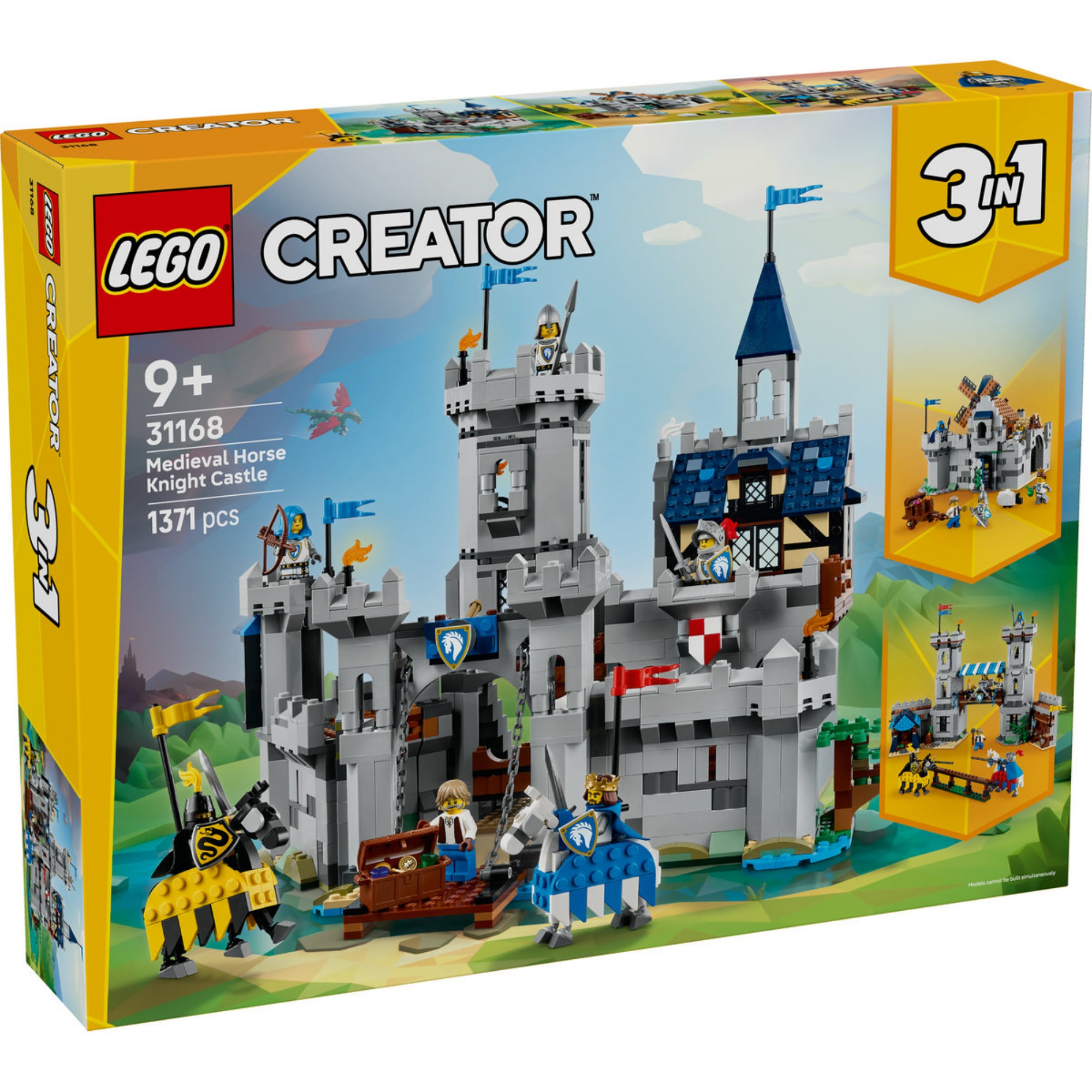 LEGO Creator 3 az 1-ben Középkori lovagvár dobozkép közelről, a vár fő építményével és alternatív modellekkel. 