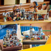 A LEGO Creator középkori lovagvár három különböző építési lehetősége, figurákkal és kiegészítőkkel.