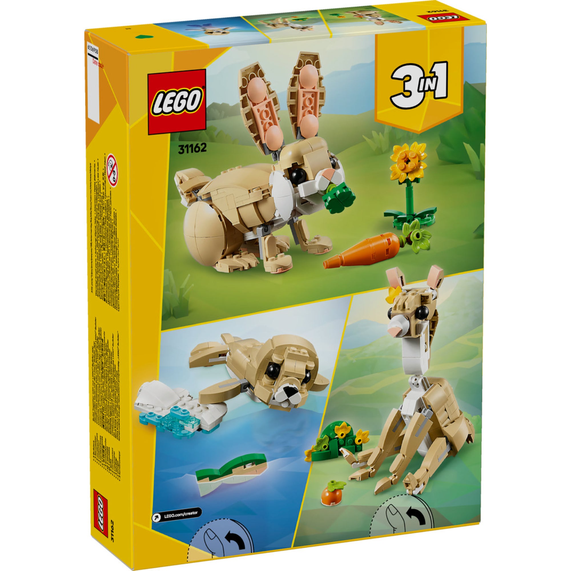 A LEGO Creator Aranyos Nyuszi 31162 készlet dobozának hátoldala, amely bemutatja a három lehetséges állatmodellt, amit a készletből építeni lehet: egy nyuszit, egy lámát és egy fókát. A háttérben természetes táj látványával, amely illik a természeti témához.