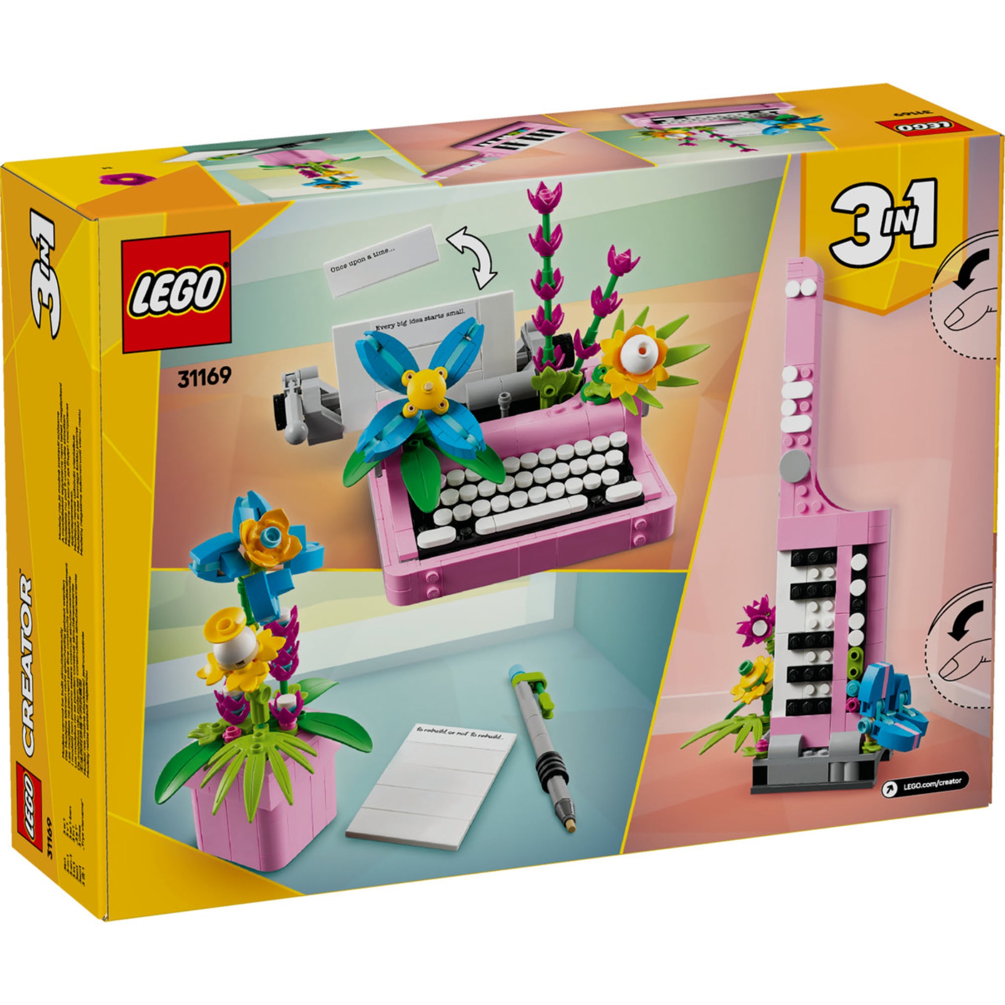 A LEGO Creator 3 az 1-ben Írógép virágokkal 31169 doboza látható, a készlet három különböző építhető modellt mutat be: egy virágokkal díszített írógépet, egy virágos állványos gitárt és egy virágcserepet tollal és jegyzetfüzettel. A doboz színes, figyelemfelkeltő dizájnnal készült, ami az alkotás örömét hivatott hangsúlyozni.