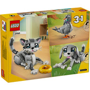 A LEGO Creator 3 az 1-ben Játékos Macska 31163 készlet dobozának hátoldala, ahol három lehetséges állatmodell látható: egy macska, egy kutya, és egy galamb, amelyek a készletből építhetők meg. A háttérben otthonos környezetben jelenik meg minden modell, amely fokozza a játékélményt.