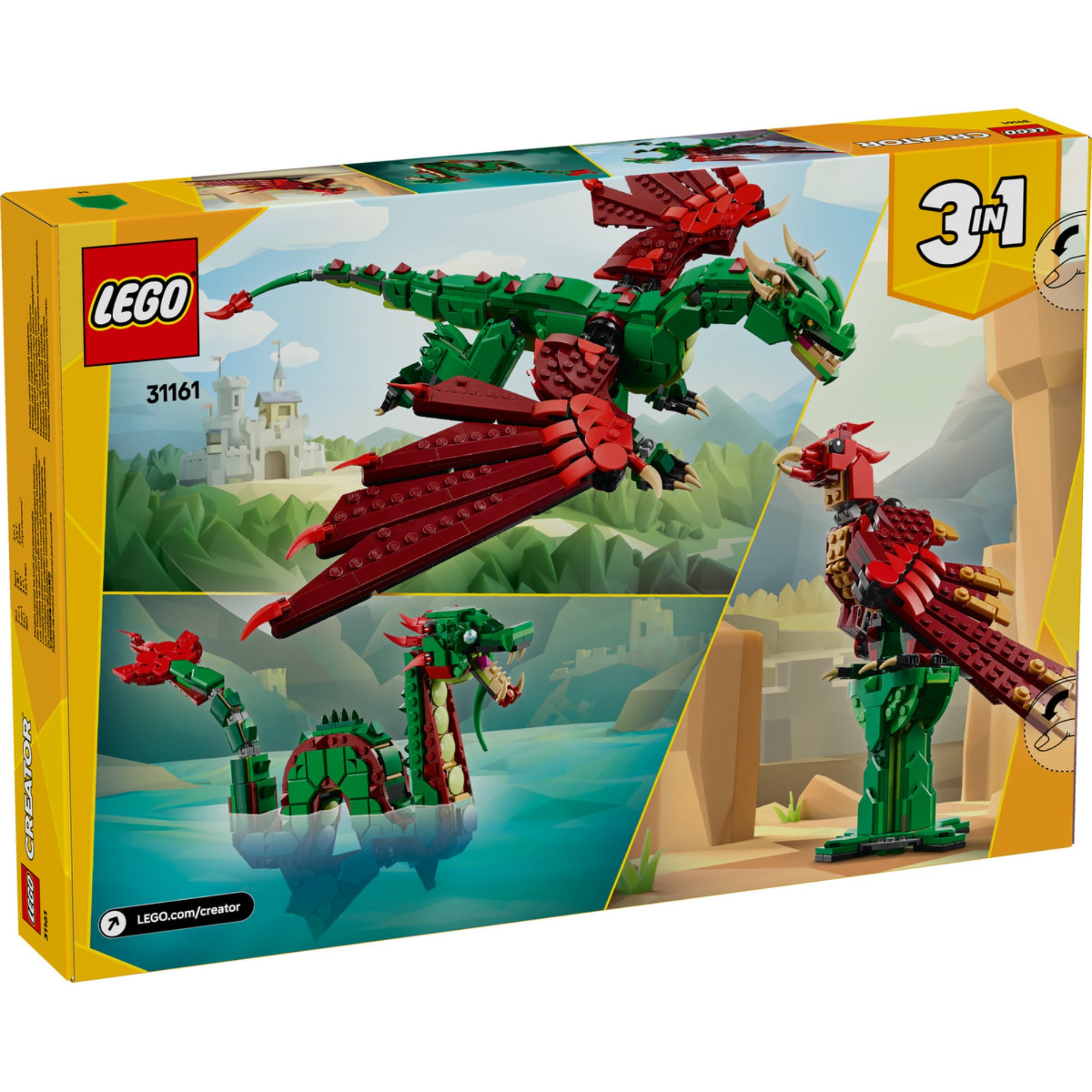 A LEGO Creator Középkori Sárkány 31161 készlet dobozának hátoldala, amely három lehetséges modellt mutat be: egy hatalmas, zöld és piros szárnyas sárkányt repülés közben, egy tengeri kígyót, és egy főnixet, mind hátterében egy középkori vár és zöldellő táj látványával.