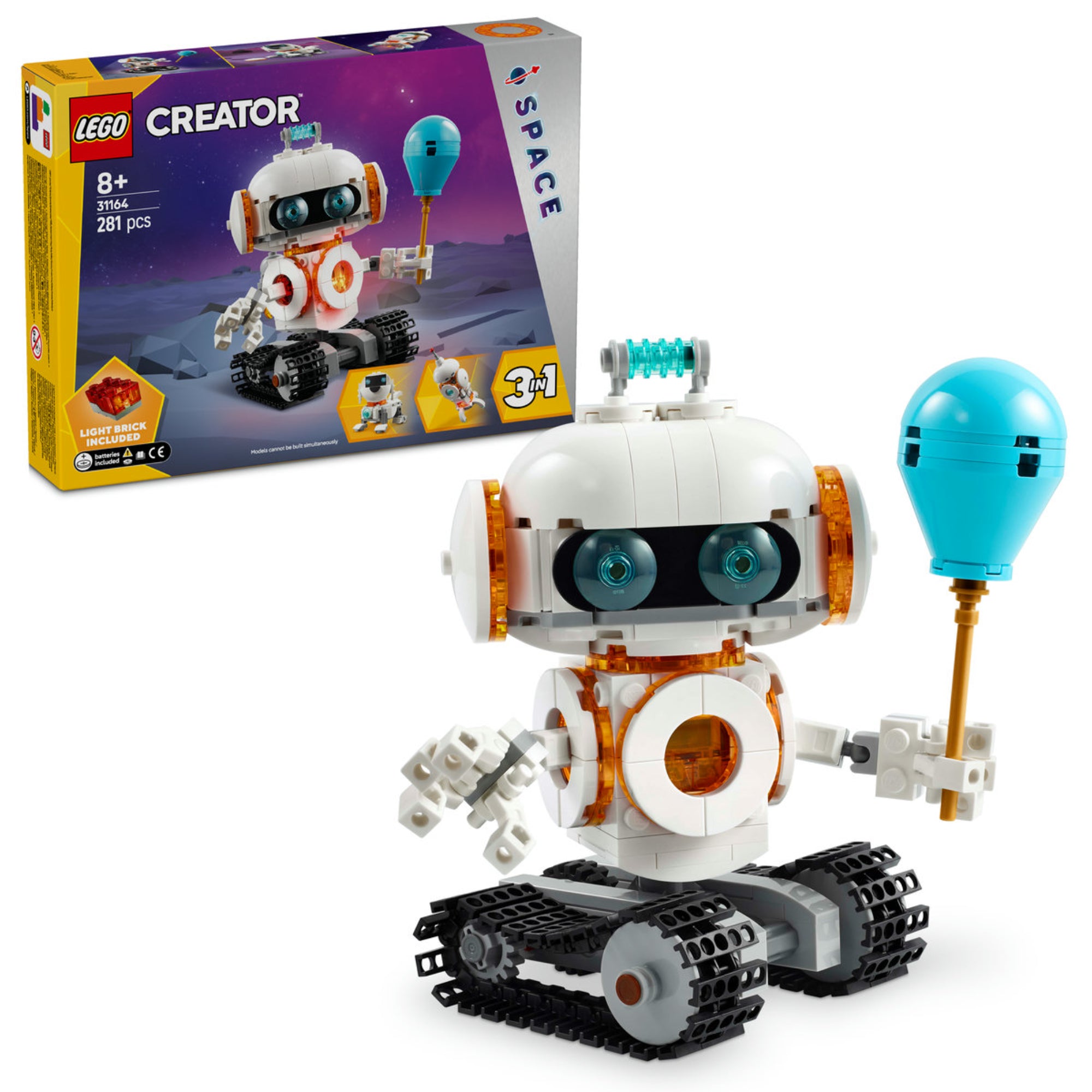 A LEGO Creator 31164 Űrrobot csomag tartalmaz egy hófehér, gördülő láncokon mozgó robotot, nagy, kerek szemekkel, egy lámpával, amely a mellkasában világít, és egy kézben tartott, kék balon formájú tárggyal. A háttérben látható a csomagolás, amely az építőkészlet többi változatát is bemutatja.