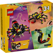 A LEGO Creator Vadállatok: Meglepő Pók 31159 készlet dobozának hátoldala, amely bemutatja a három lehetséges modelt, amelyeket a készletből lehet építeni: egy pókot, egy skorpiót, és egy kígyót. Mindhárom modell színes és részletes, hangsúlyozva a készlet sokoldalúságát és a különböző állatfigurák építési lehetőségeit.