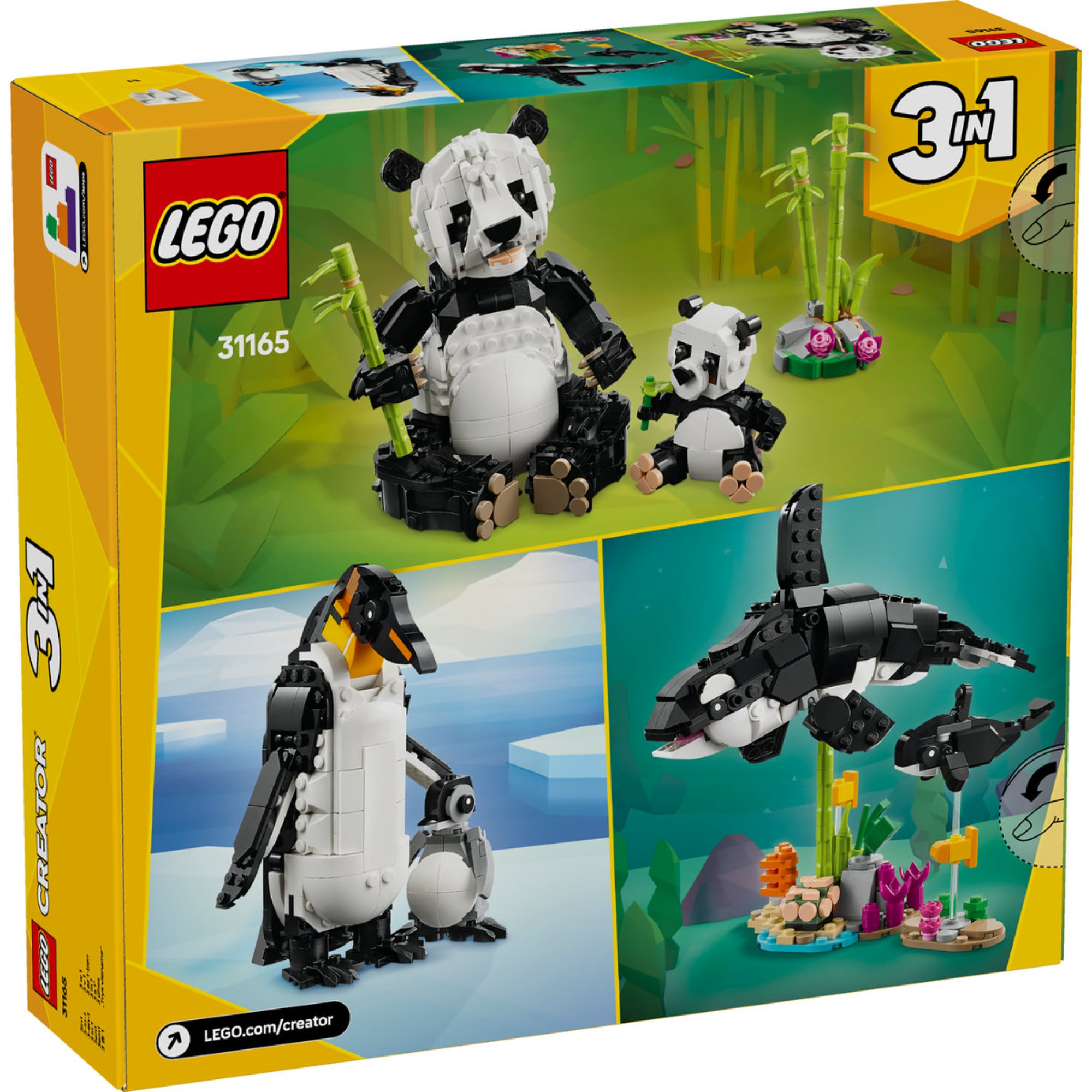 LEGO Creator 3 az 1-ben Vadállatok: Panda család 31165 készlet dobozának hátoldala, amelyen egy mozgatható panda figura látható bambuszszálakkal, kisebb panda kölyökkel, valamint további állati modellekkel, mint orka és pingvin jégtömbökön és vízen."