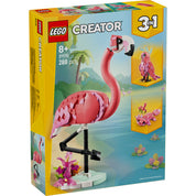 Ez a kép a LEGO Creator 3 az 1-ben Vadállatok: Rózsaszín Flamingó (31170) készlet dobozát mutatja be. A készlet 288 darabból áll, és három különböző építési lehetőséget kínál: egy elegáns rózsaszín flamingót, egy színpompás kakadut és egy aranyos axolotlt. A flamingó egy stabil állványon pihen, amelyet növények díszítenek. 