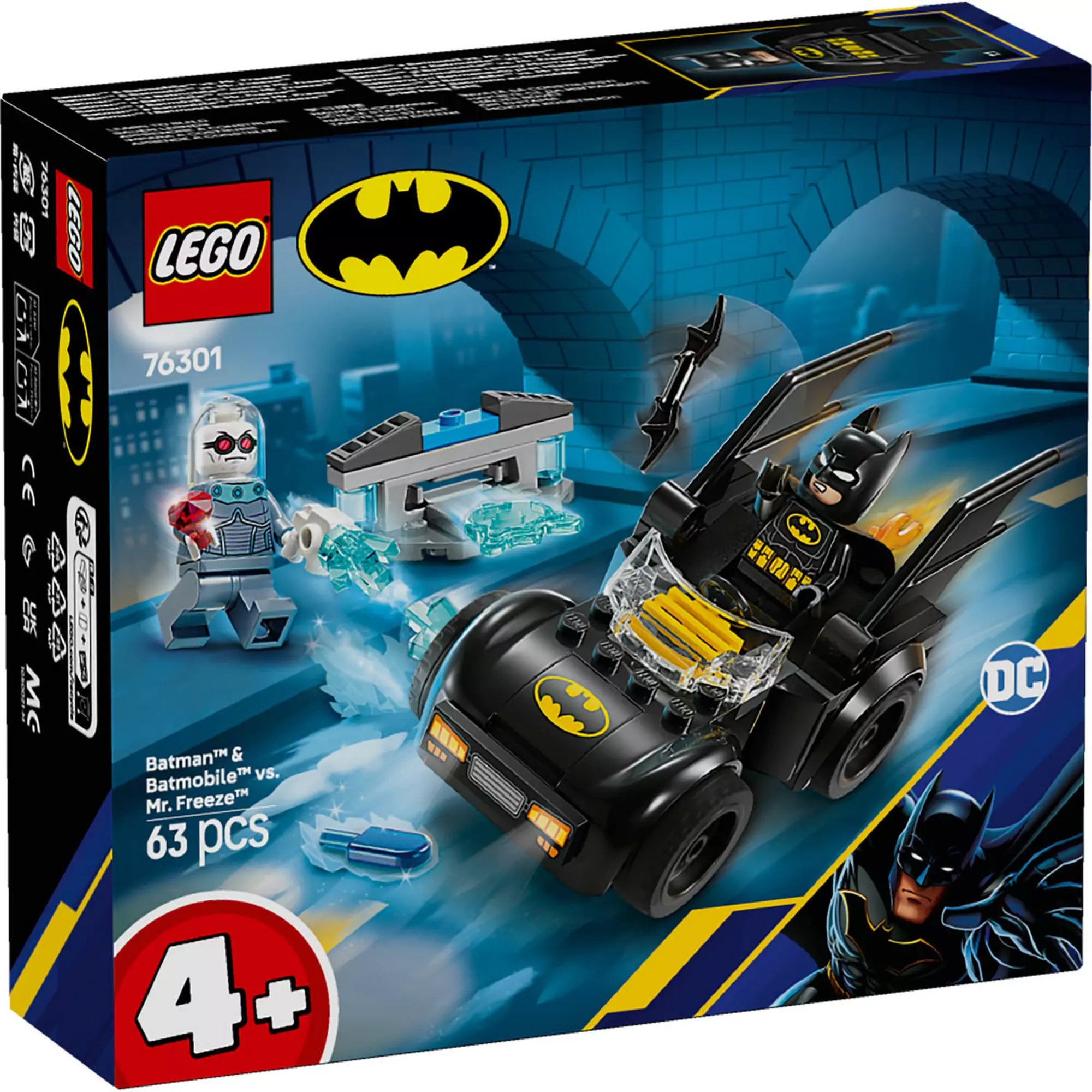 A LEGO DC Batman és a Batmobile vs. Mr. Freeze szett doboza, amelyen Batman és Mr. Freeze látványos csatája látható.