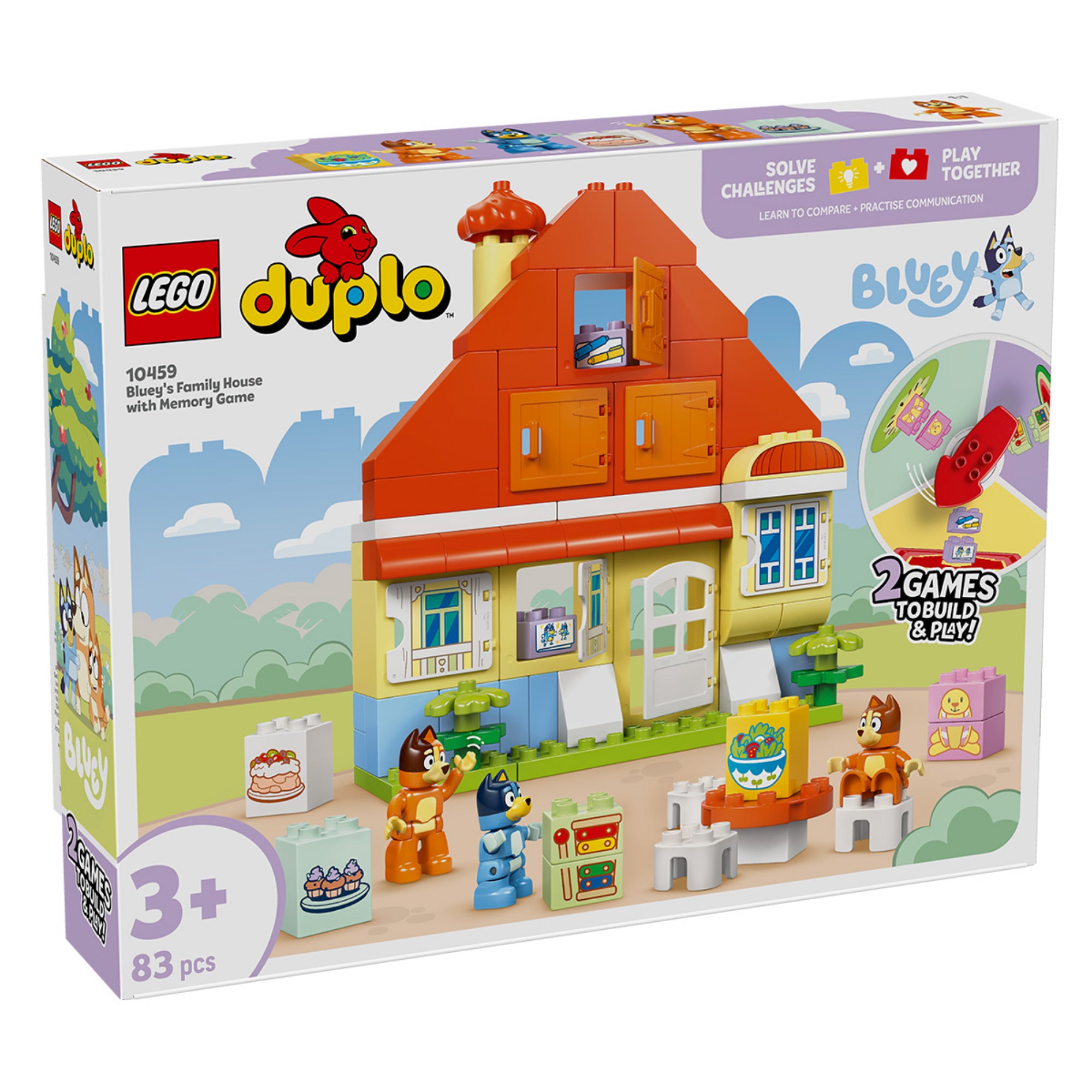 LEGO DUPLO Bluey családi ház készlet dobozképe, a házzal és a Bluey figurákkal.