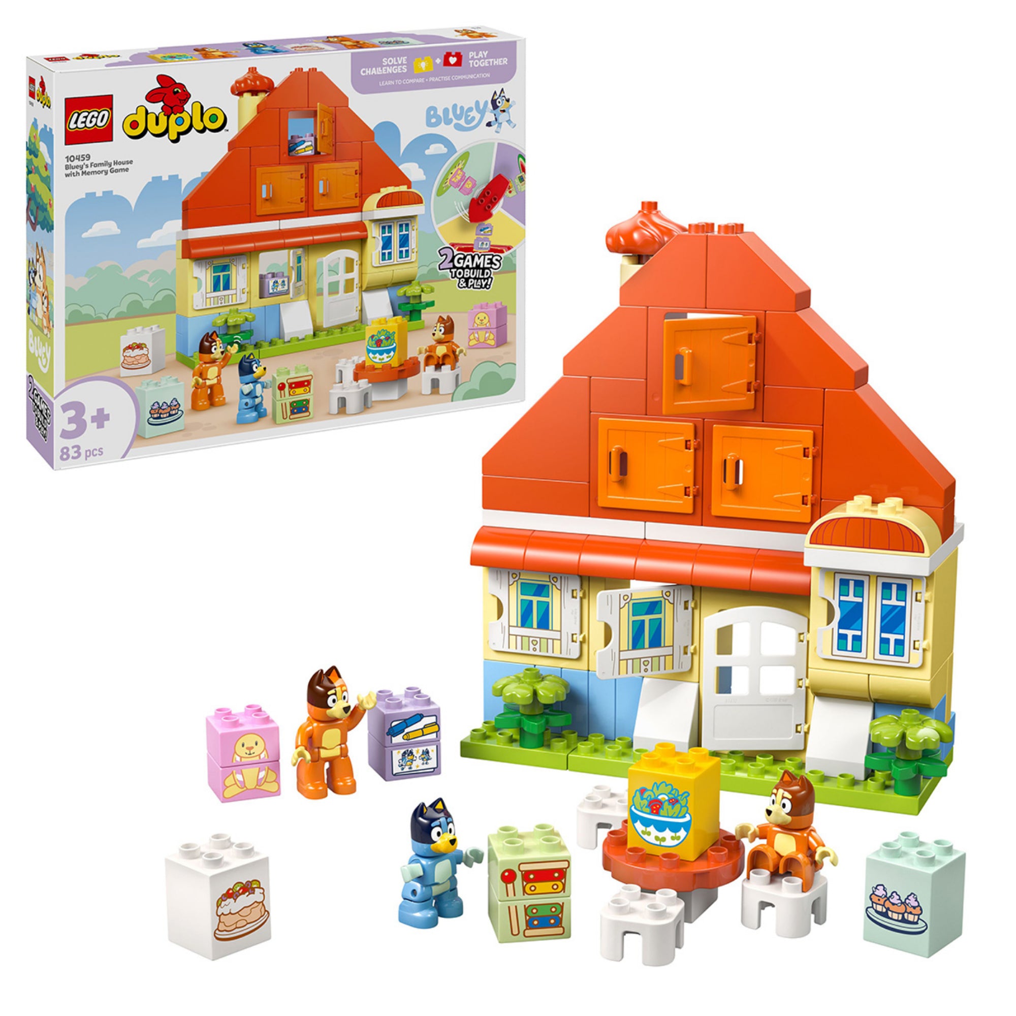 LEGO DUPLO Bluey családi ház készlet doboza és a megépített ház kiegészítőkkel és figurákkal.