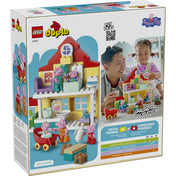 LEGO DUPLO 10467 Family House doboz hátoldala, a ház játéklehetőségeinek és funkcióinak bemutatásával.