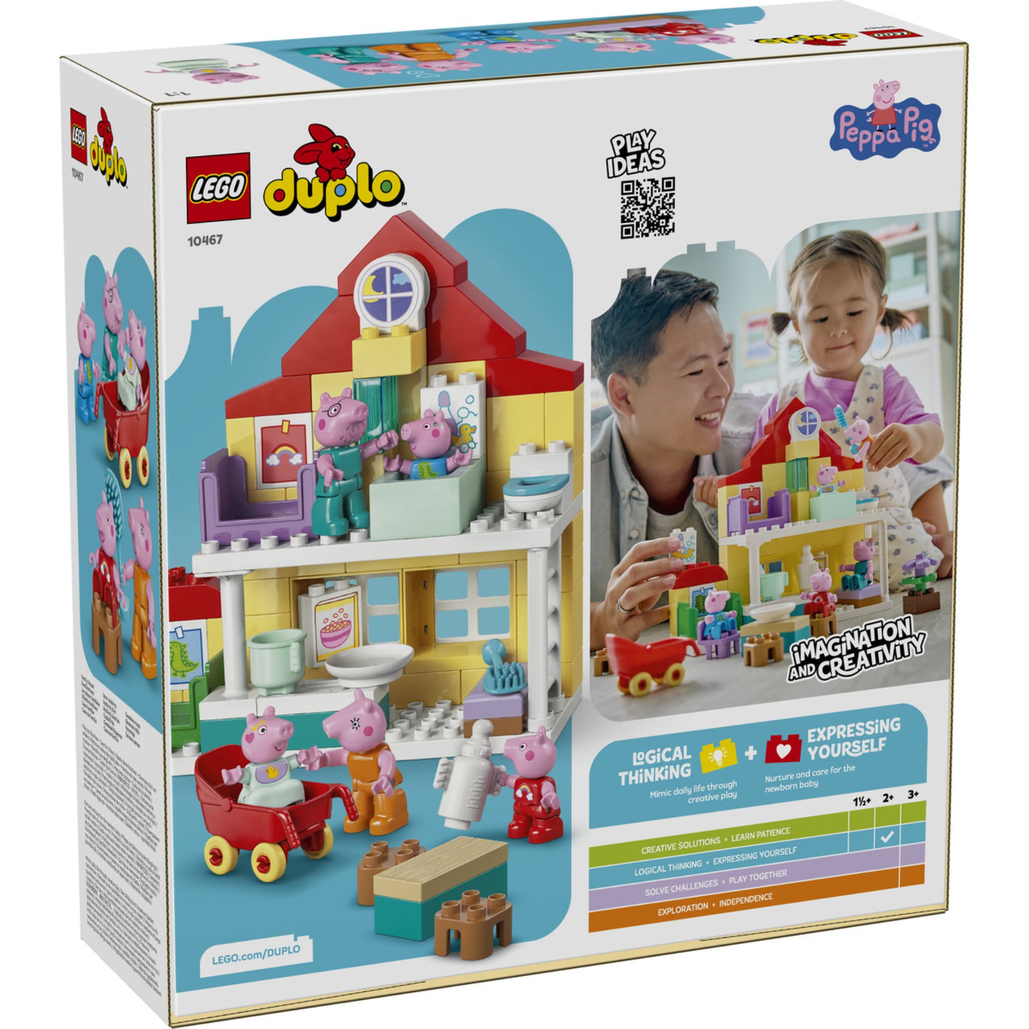 LEGO DUPLO 10467 Family House doboz hátoldala, a ház játéklehetőségeinek és funkcióinak bemutatásával.