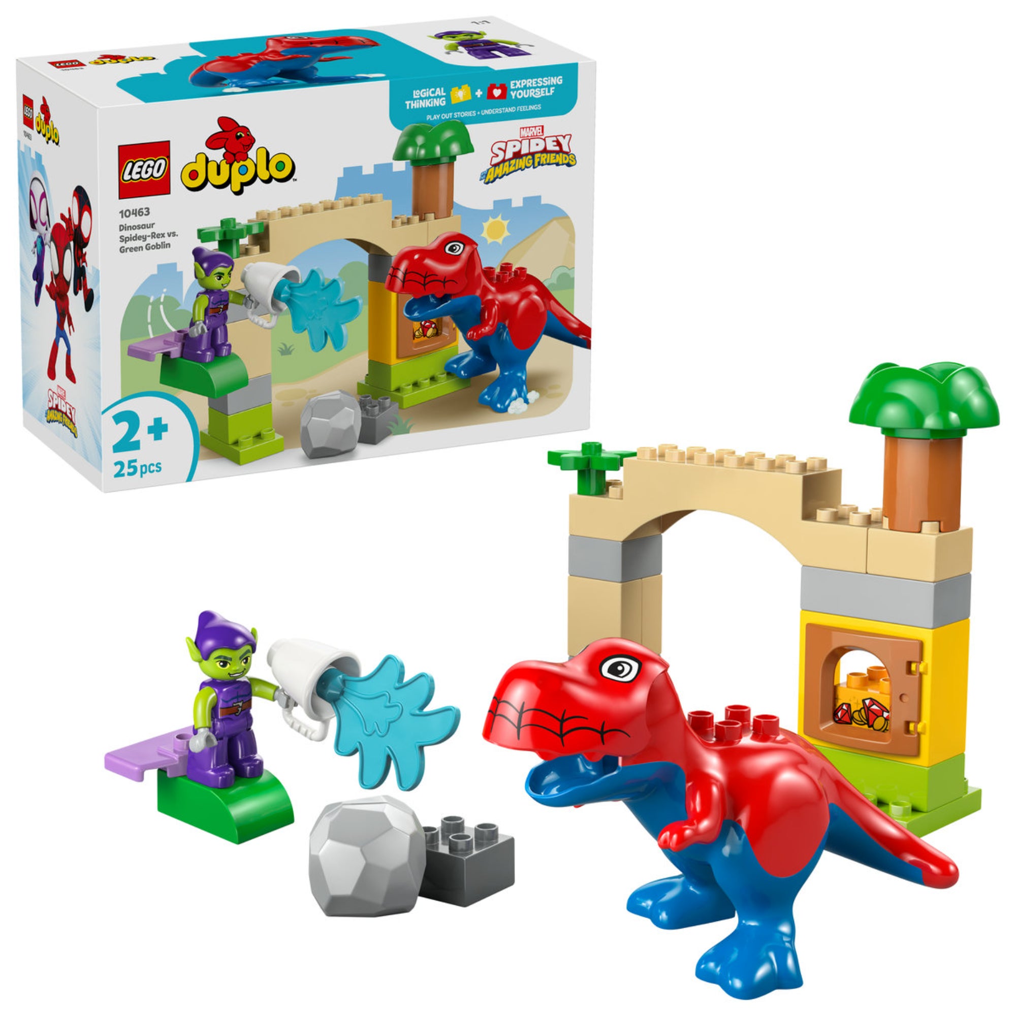 LEGO DUPLO 10463 Dinosaur Spidey-Rex vs. Green Goblin készlet doboza és az összeépített dinoszauruszos játékelemek.