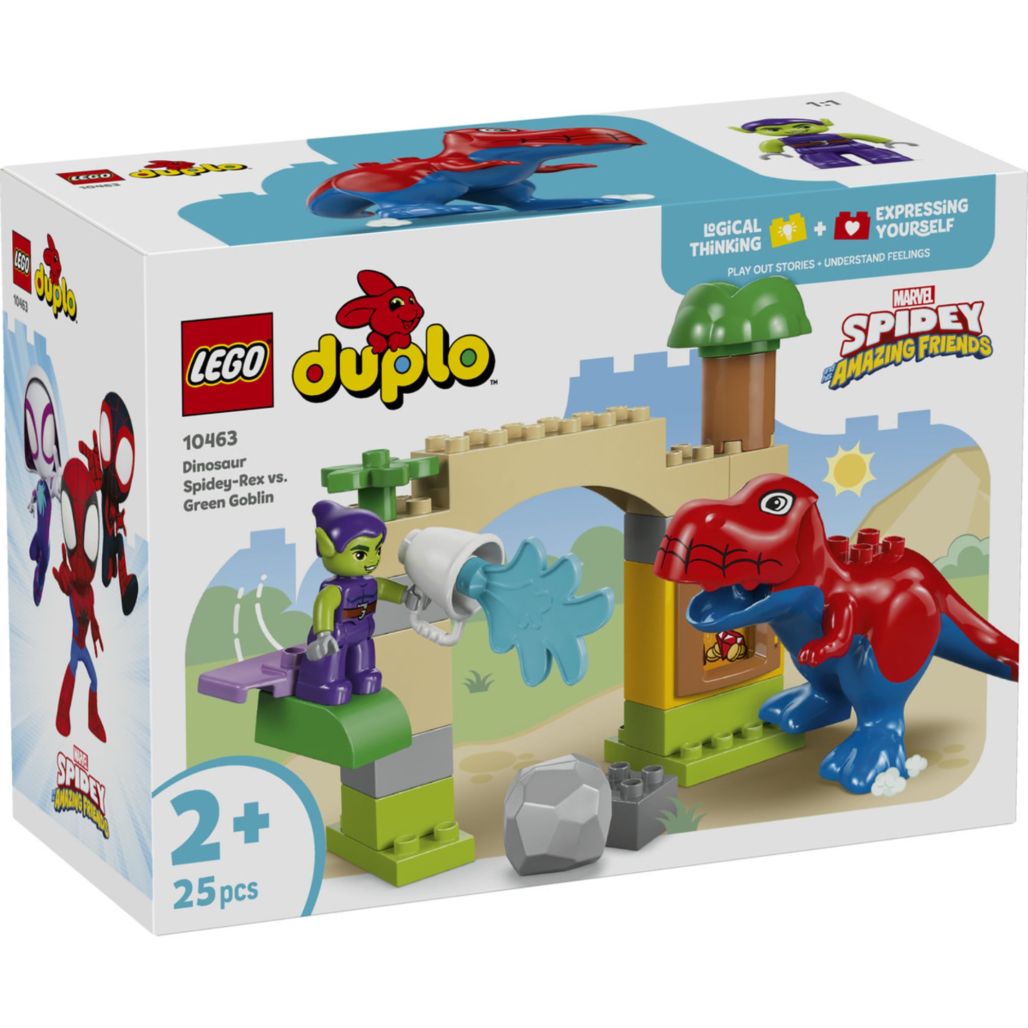 LEGO DUPLO 10463 Dinosaur Spidey-Rex vs. Green Goblin dobozkép Spidey dinoszaurusszal és Zöld Manó figurával.