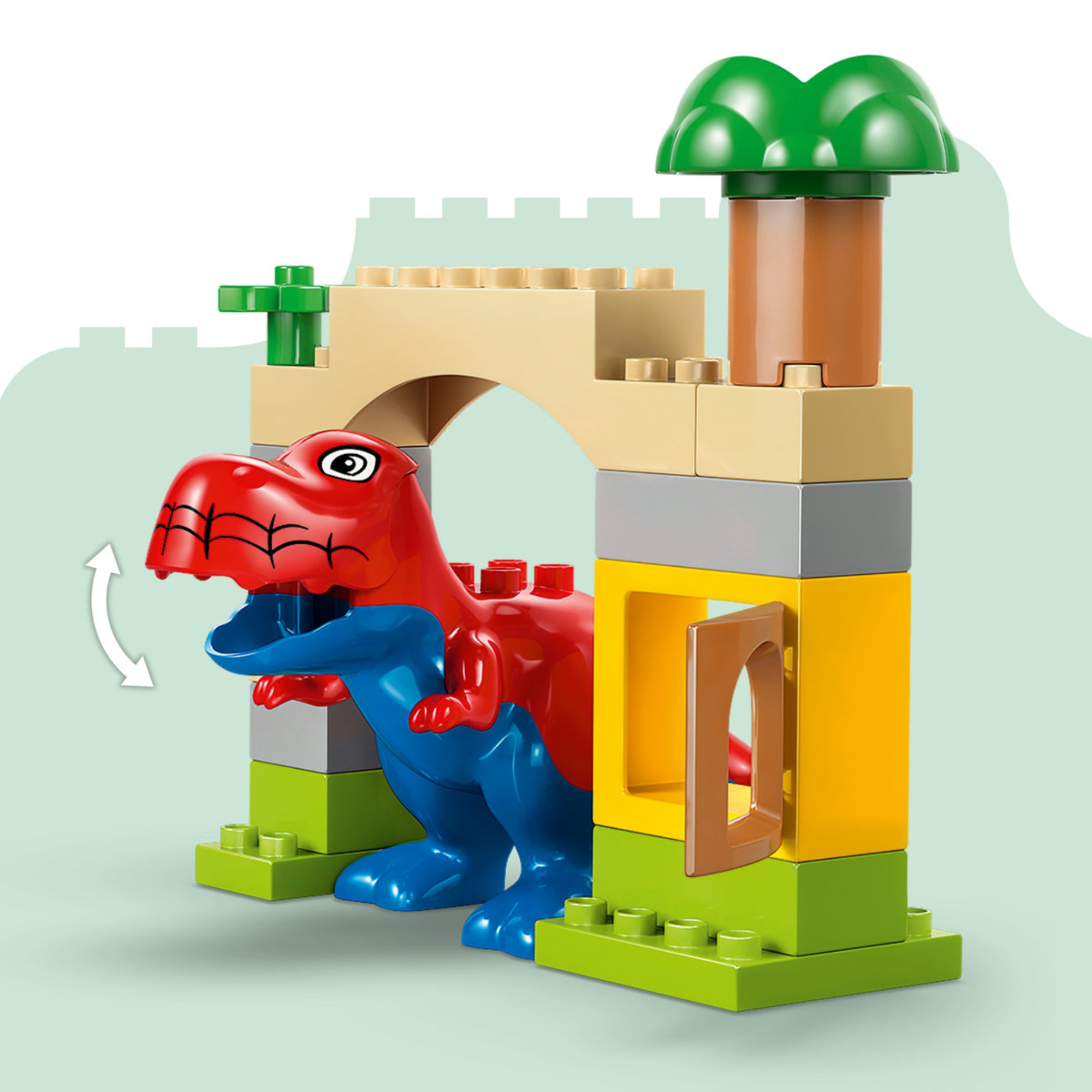 LEGO DUPLO 10463 Dinosaur Spidey-Rex vs. Green Goblin – Spidey dinoszaurusz az átjáró alatt, nyitható ajtós építménnyel.