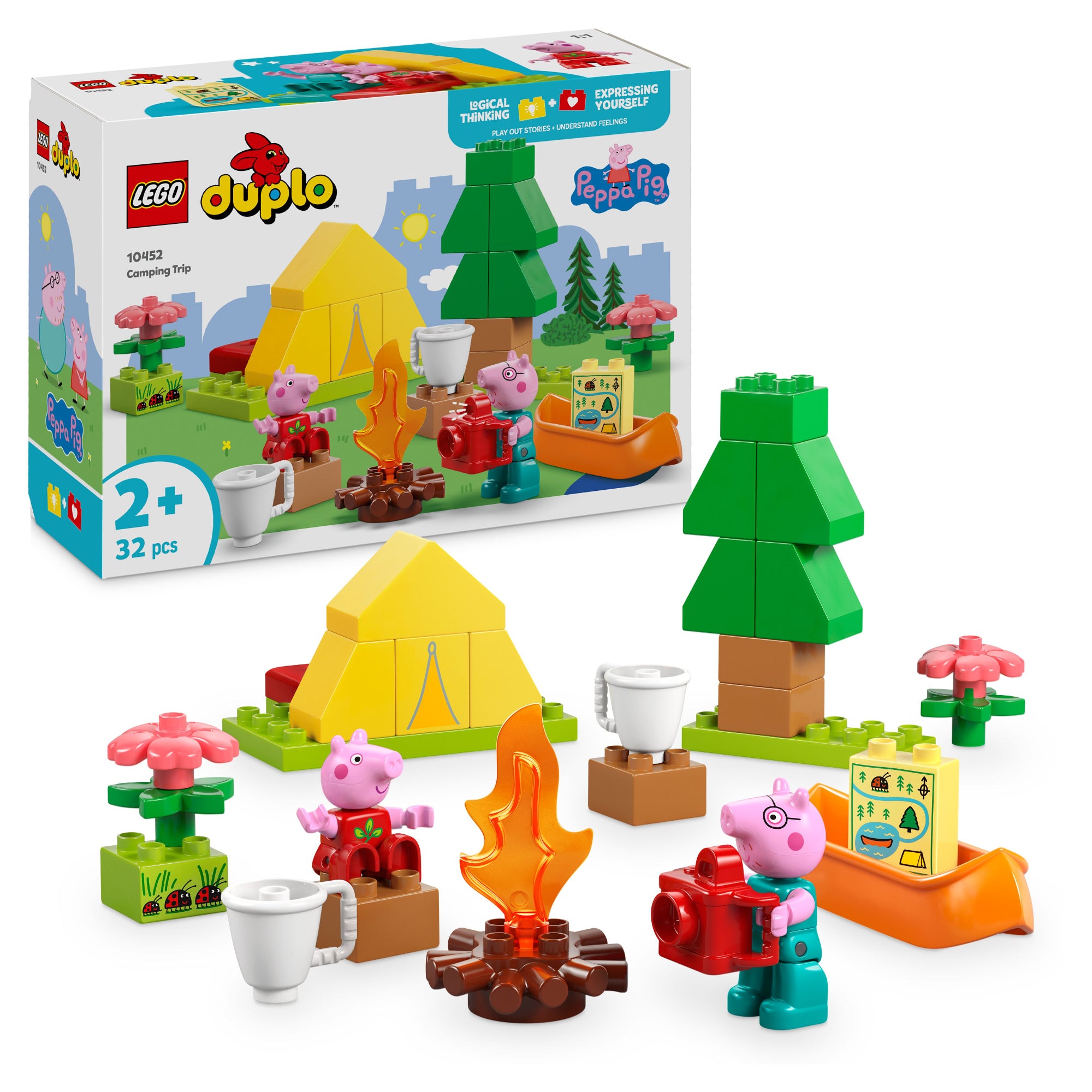 A képen a LEGO DUPLO Peppa malac – Kempingezős kirándulás (10452) szett látható, amely egy vidám, 2 éves kortól ajánlott építőjáték. A készletben Peppa malac és Papa malac figurái mellett egy sárga sátor, tábortűz, kenu, fényképezőgép, bögrék, térkép és fák is megtalálhatók, hogy a kicsik izgalmas természetjáró kalandokat játszhassanak el. Tökéletes választás Peppa-rajongóknak és kis felfedezőknek!